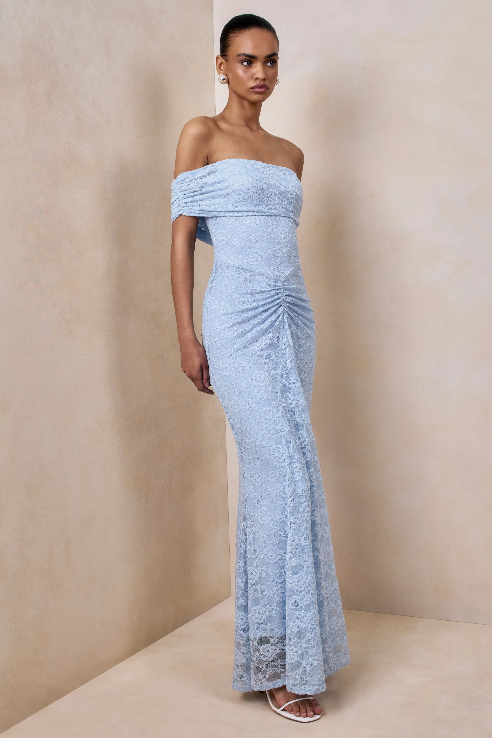 Elinor | Powder Blue Lace Bardot-Neck Maxi Dress With Gathered-Detailing sold by Club L London product image thumbnail 5