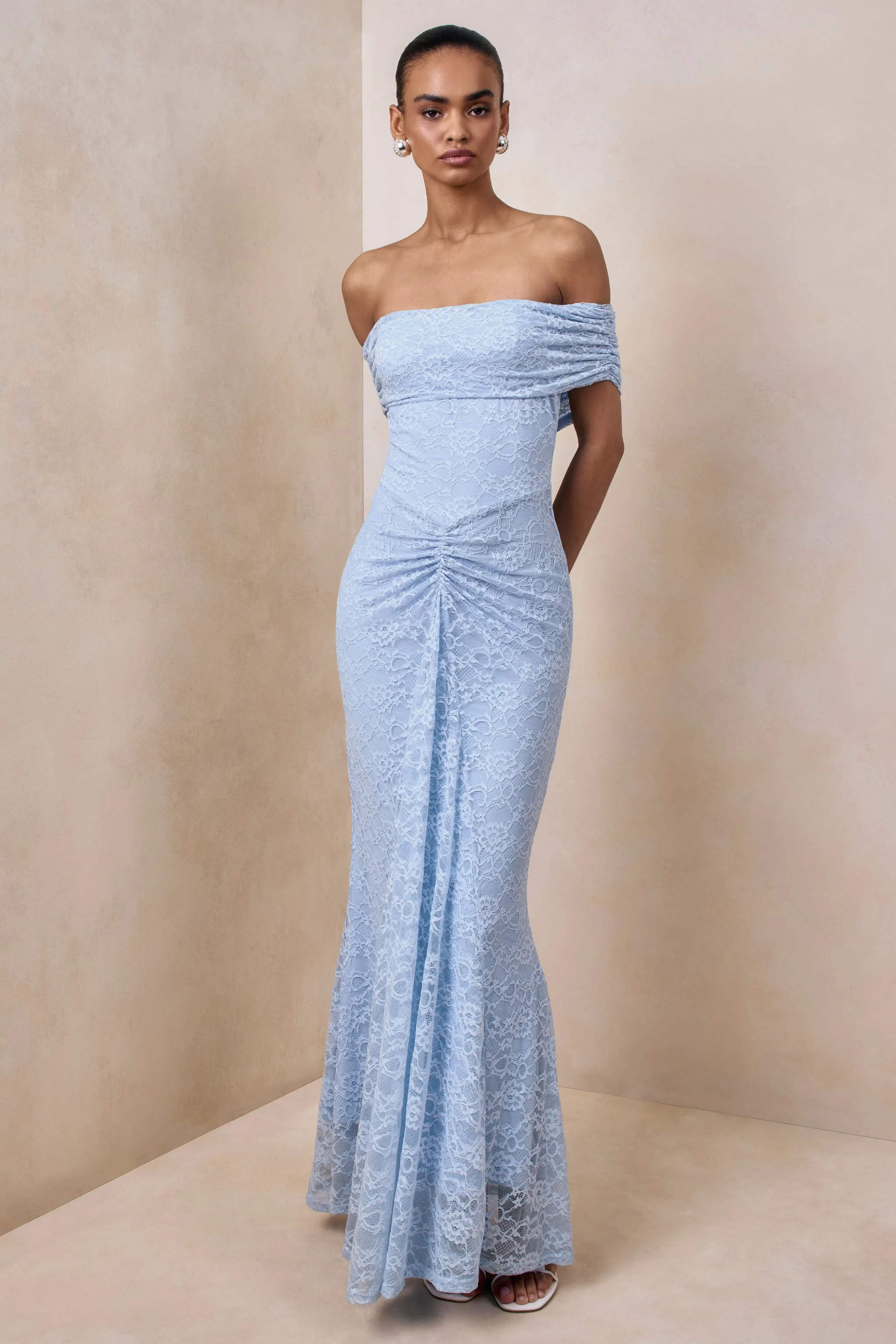 Elinor | Powder Blue Lace Bardot-Neck Maxi Dress With Gathered-Detailing sold by Club L London product image thumbnail 4