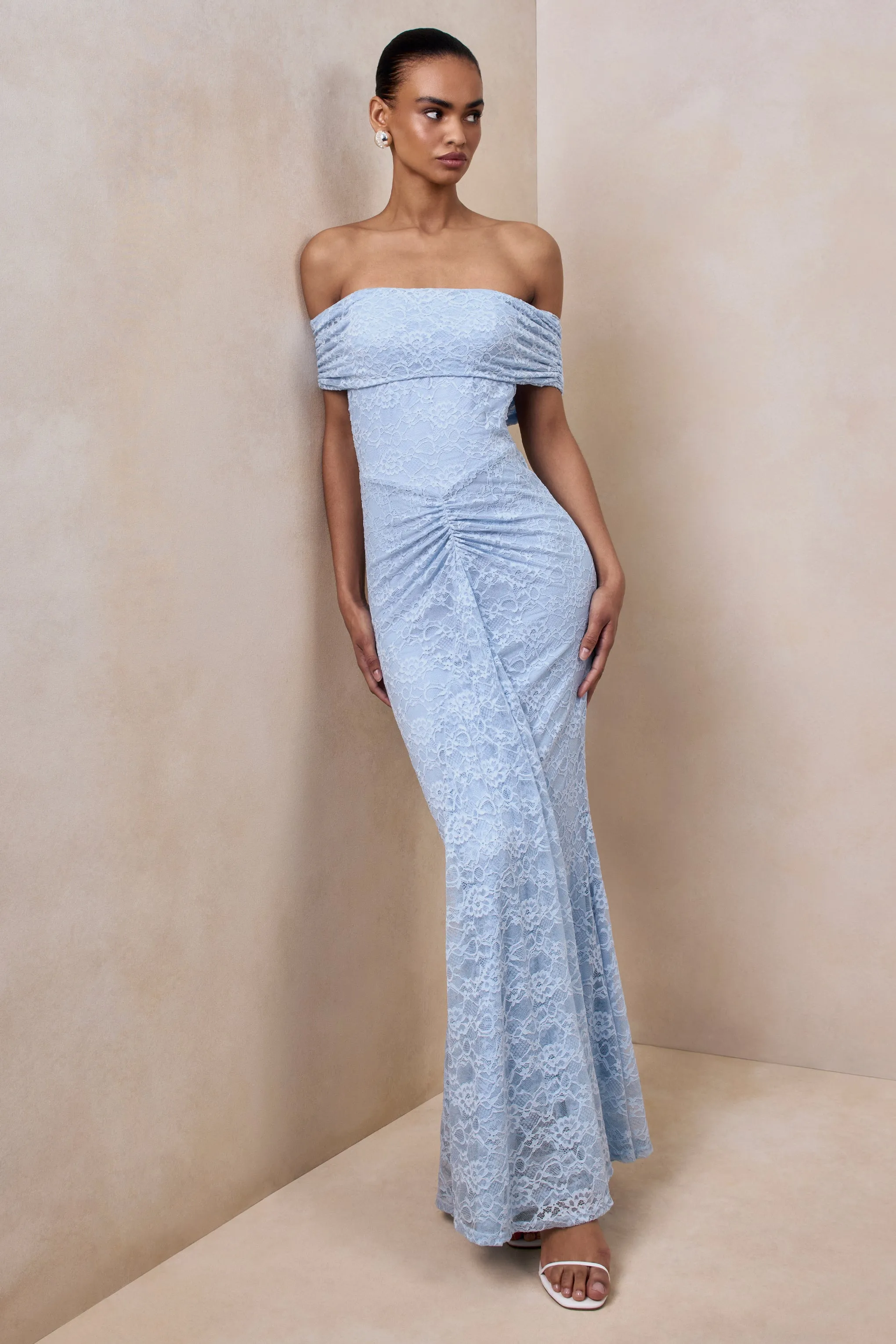 Elinor | Powder Blue Lace Bardot-Neck Maxi Dress With Gathered-Detailing sold by Club L London