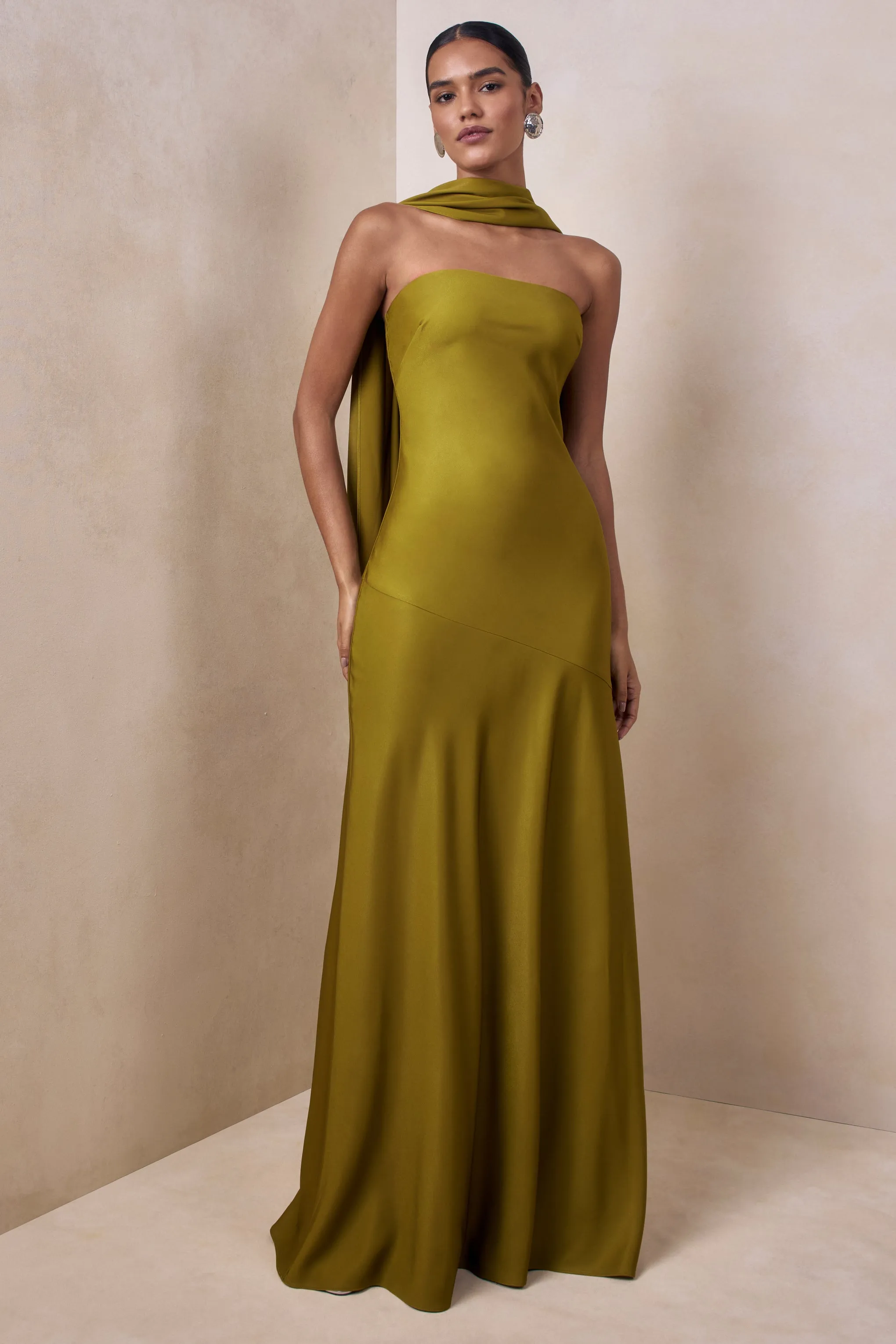 Charly | Olive Satin Bandeau Maxi Dress With Scarf-Detail sold by Club L London product image thumbnail 4