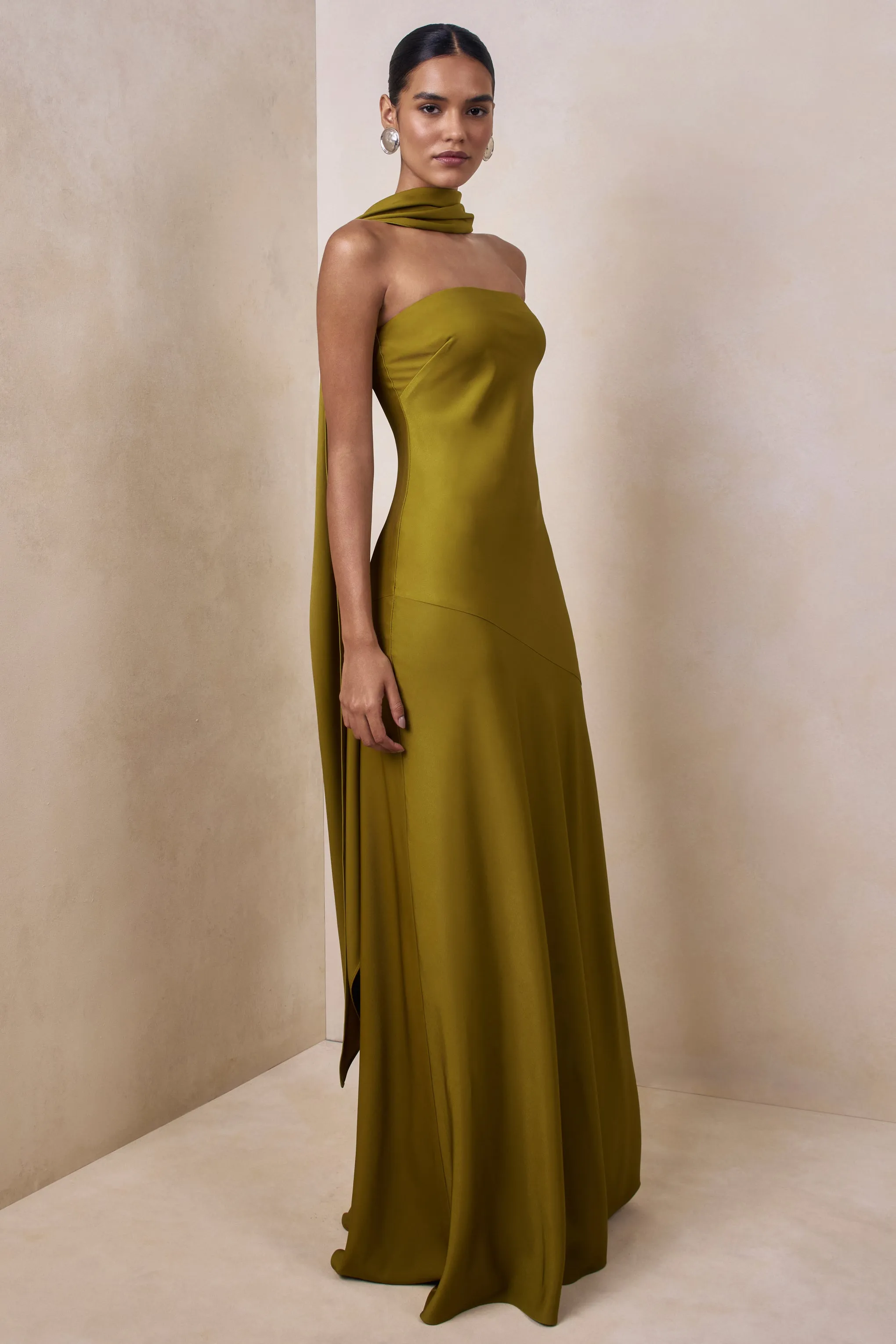 Charly | Olive Satin Bandeau Maxi Dress With Scarf-Detail sold by Club L London product image thumbnail 5