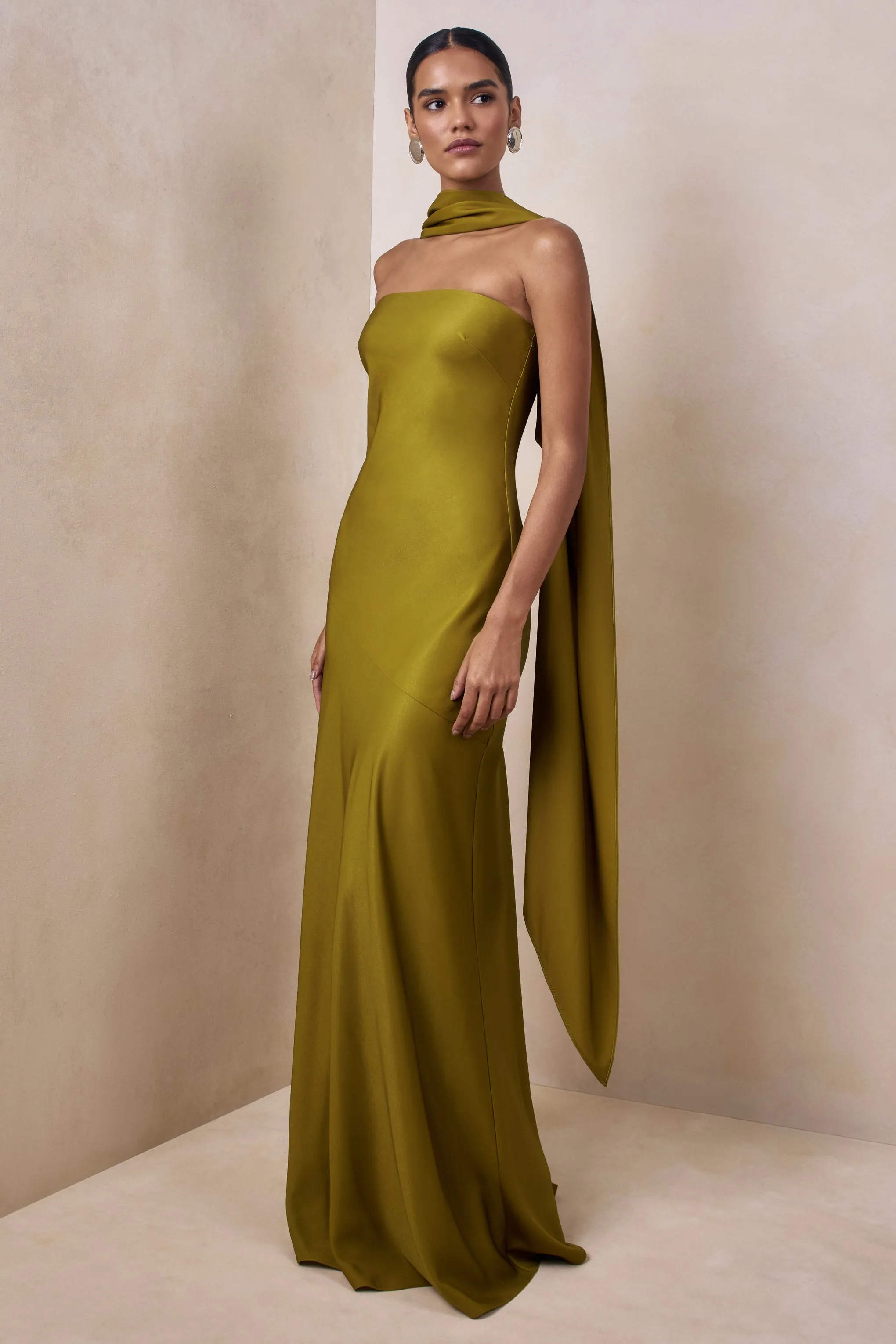 Charly | Olive Satin Bandeau Maxi Dress With Scarf-Detail sold by Club L London product image thumbnail 2