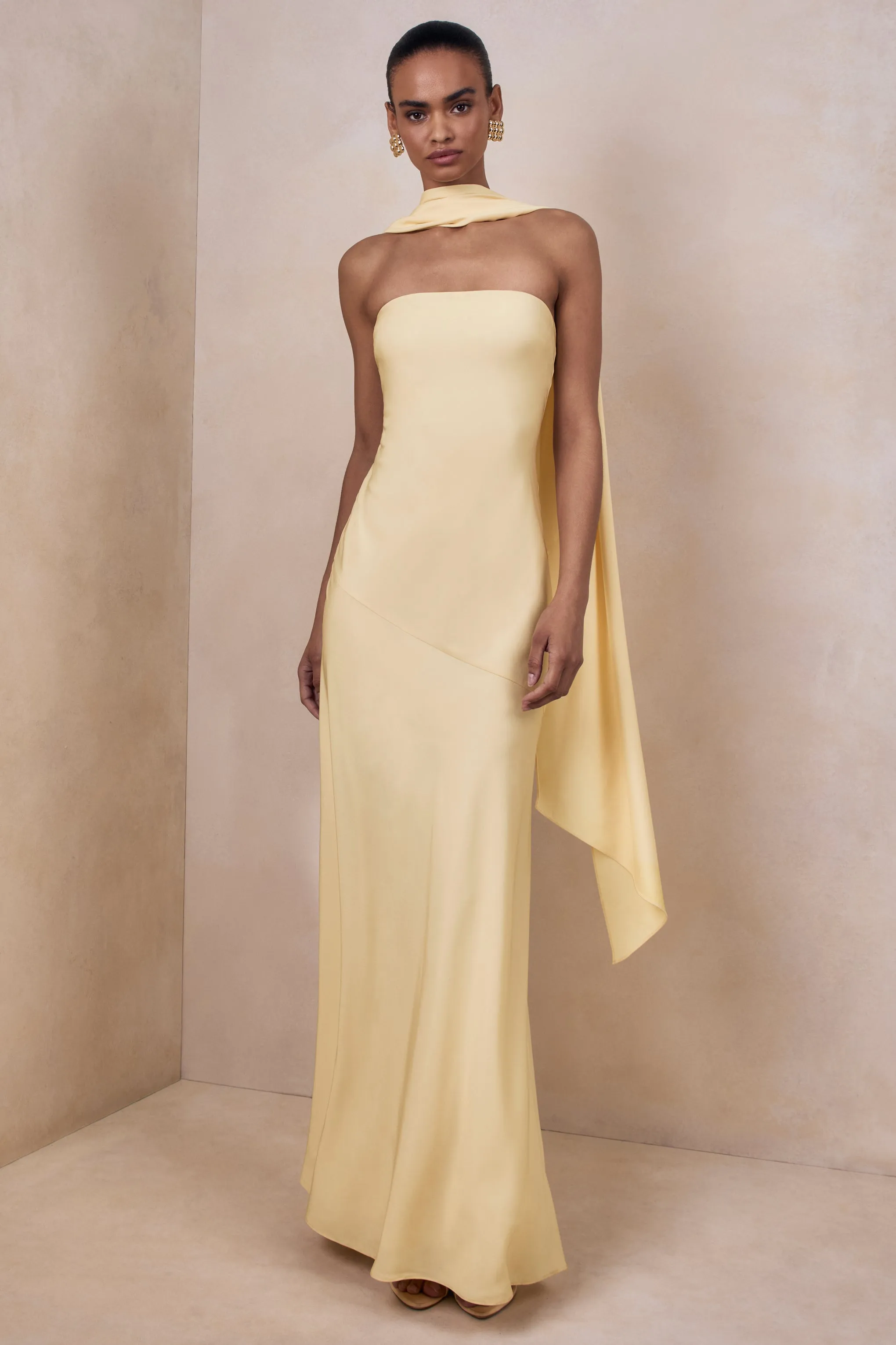 Charly | Lemon Satin Bandeau Maxi Dress With Scarf-Detail sold by Club L London product image thumbnail 4