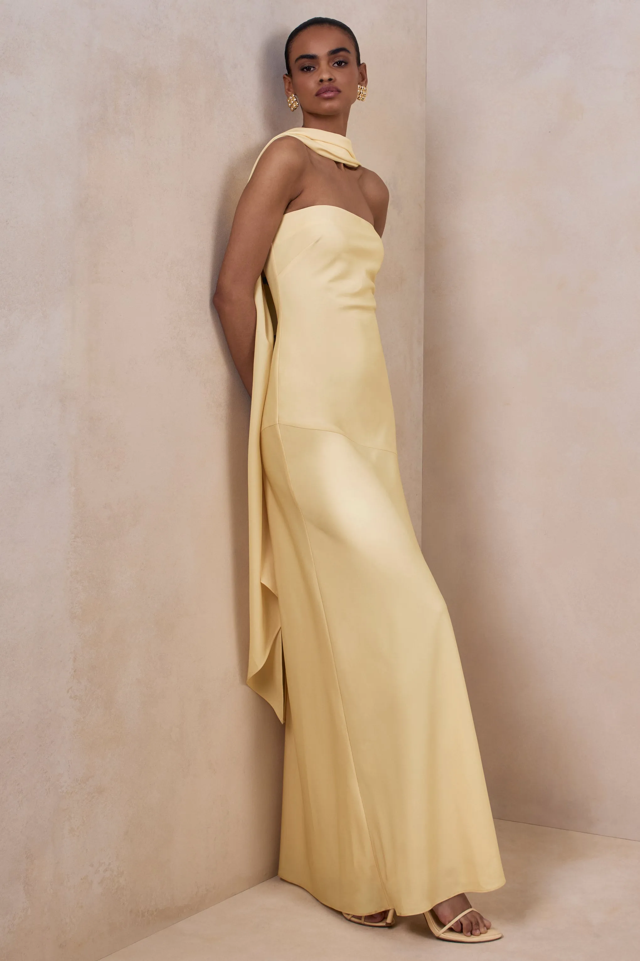 Charly | Lemon Satin Bandeau Maxi Dress With Scarf-Detail sold by Club L London product image thumbnail 5