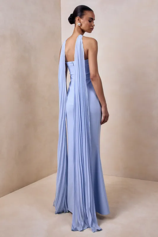 Avery | Powder Blue Bandeau Maxi Dress With Embellished Scarf sold by Club L London