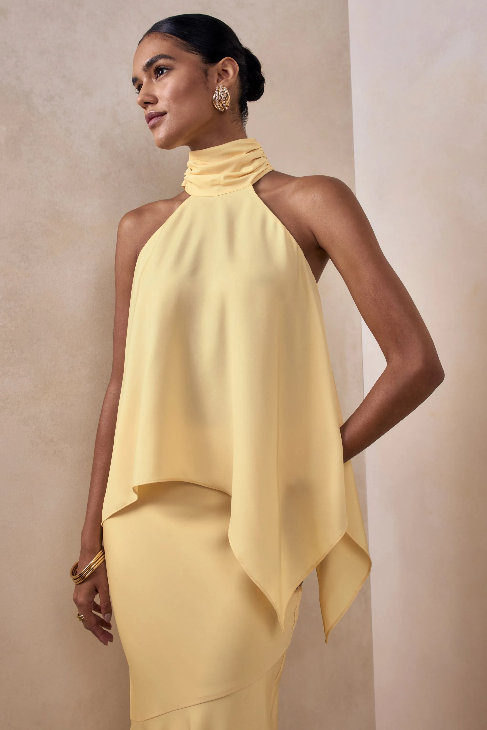 Sancelle | Lemon Satin Halter-Neck Top sold by Club L London