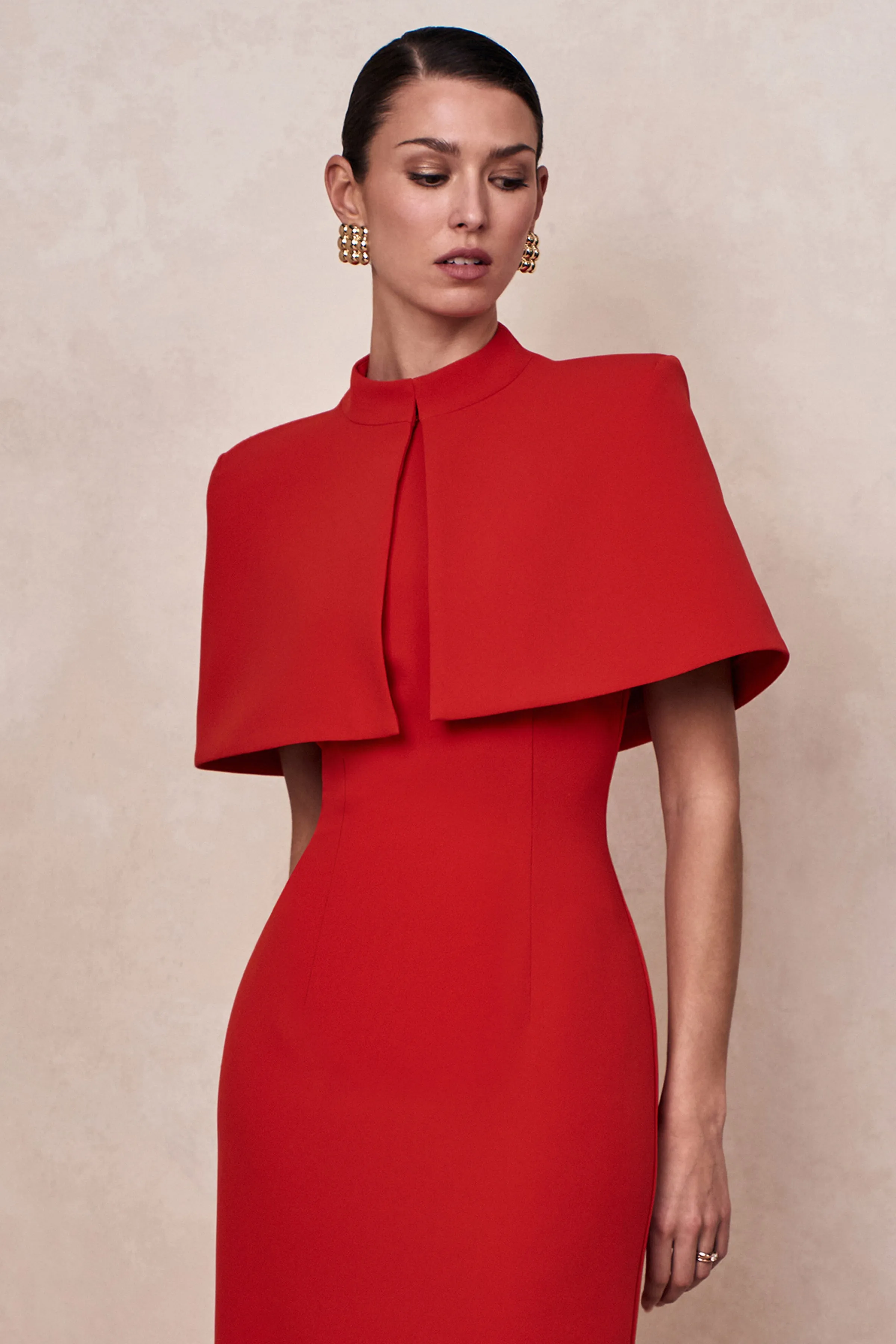 Deva | Red High-Neck Cape sold by Club L London