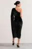 Gianna | Black Velvet One Shoulder Cape Bodycon Midi Dress sold by Club L London