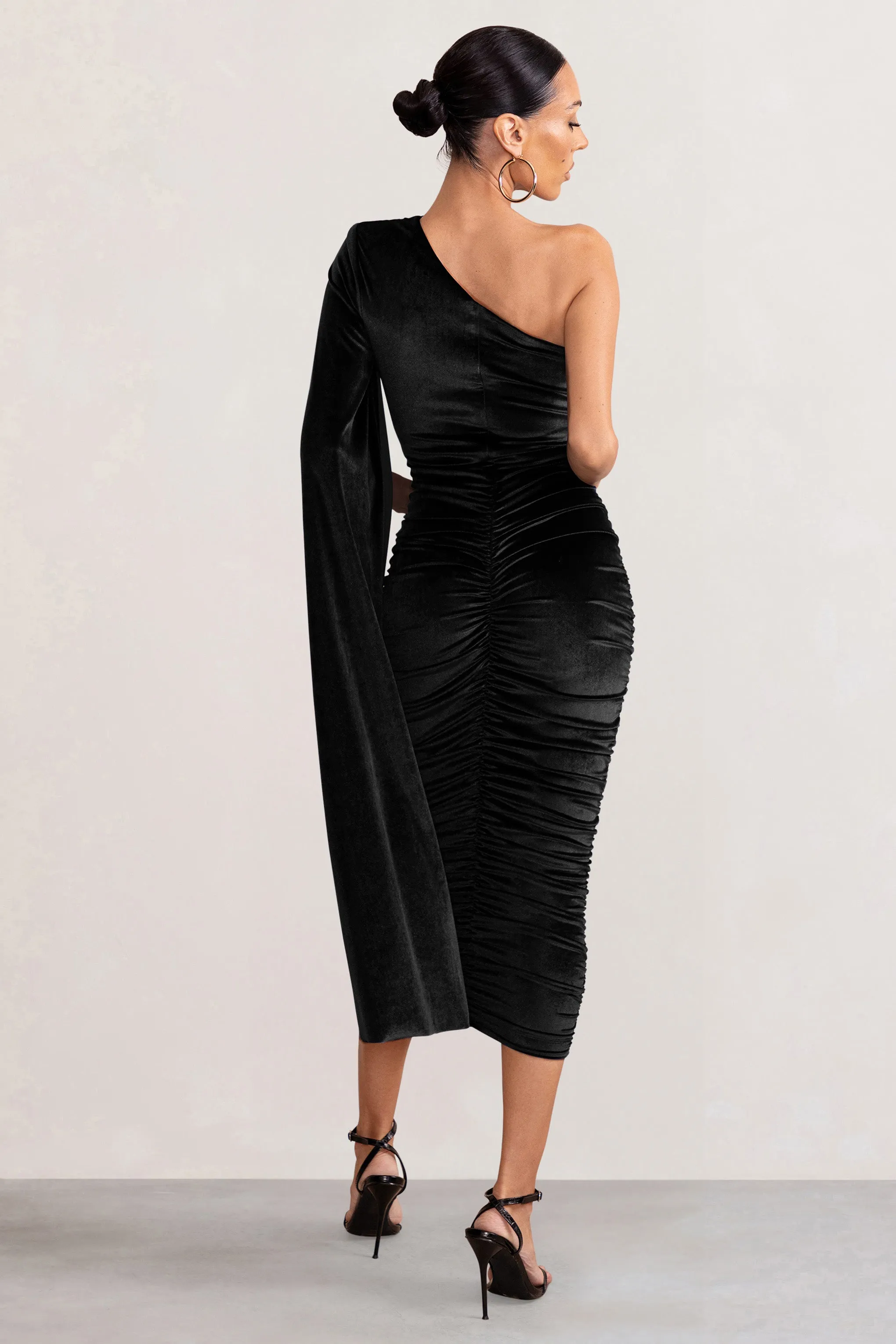 Gianna | Black Velvet One Shoulder Cape Bodycon Midi Dress sold by Club L London product image thumbnail 2