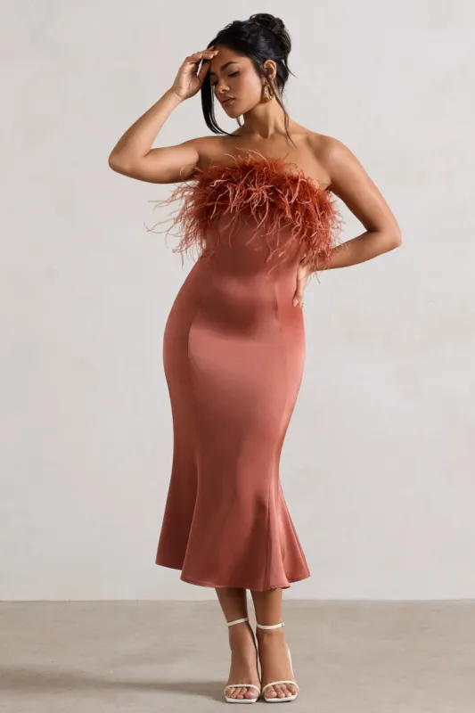 One And Only | Rust Satin Feather Trim Bandeau Midi Dress sold by Club L London