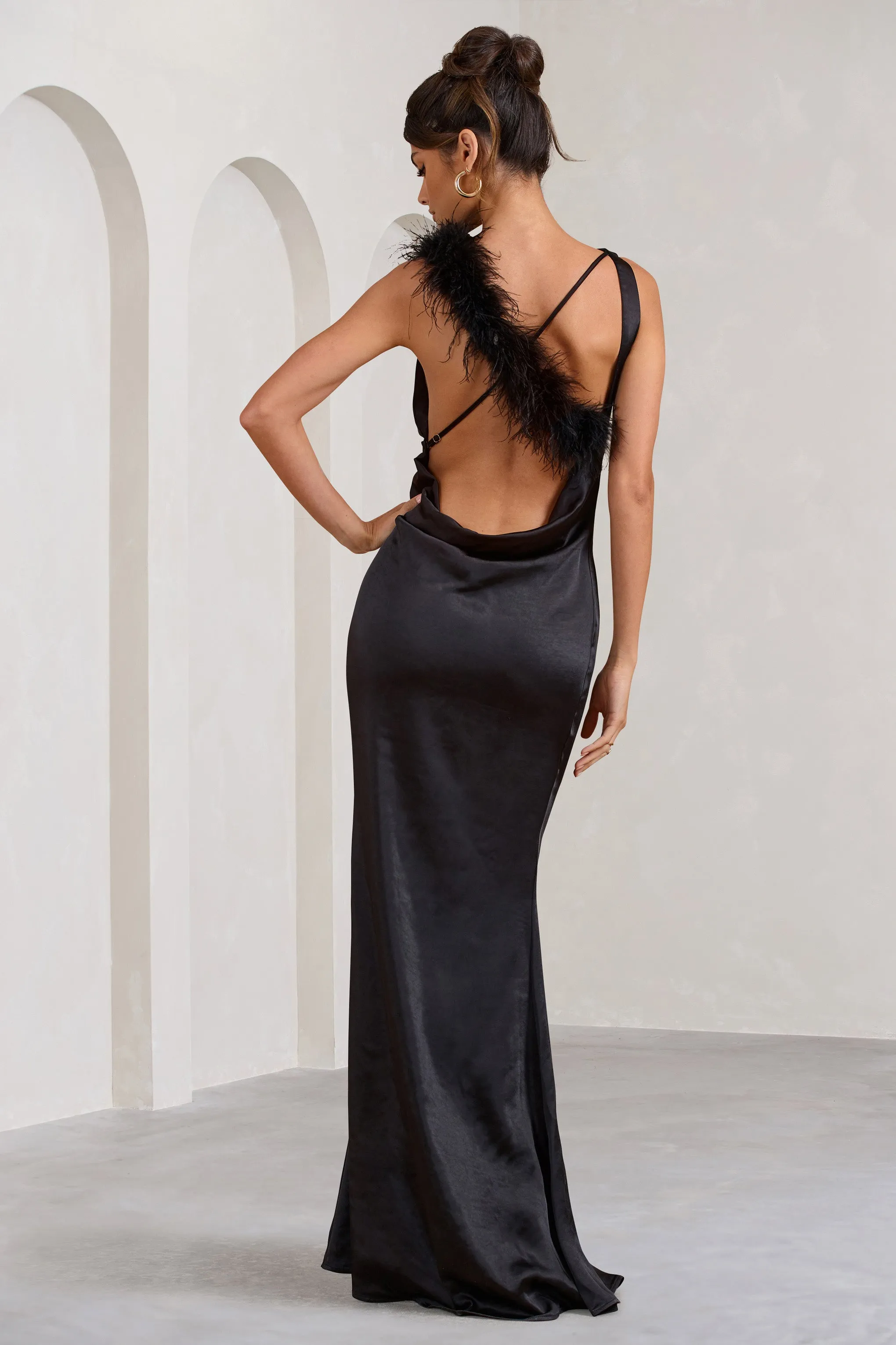 Cherish Me | Black Satin Asymmetric Cowl Maxi Dress With Feather Strap sold by Club L London product image thumbnail 2