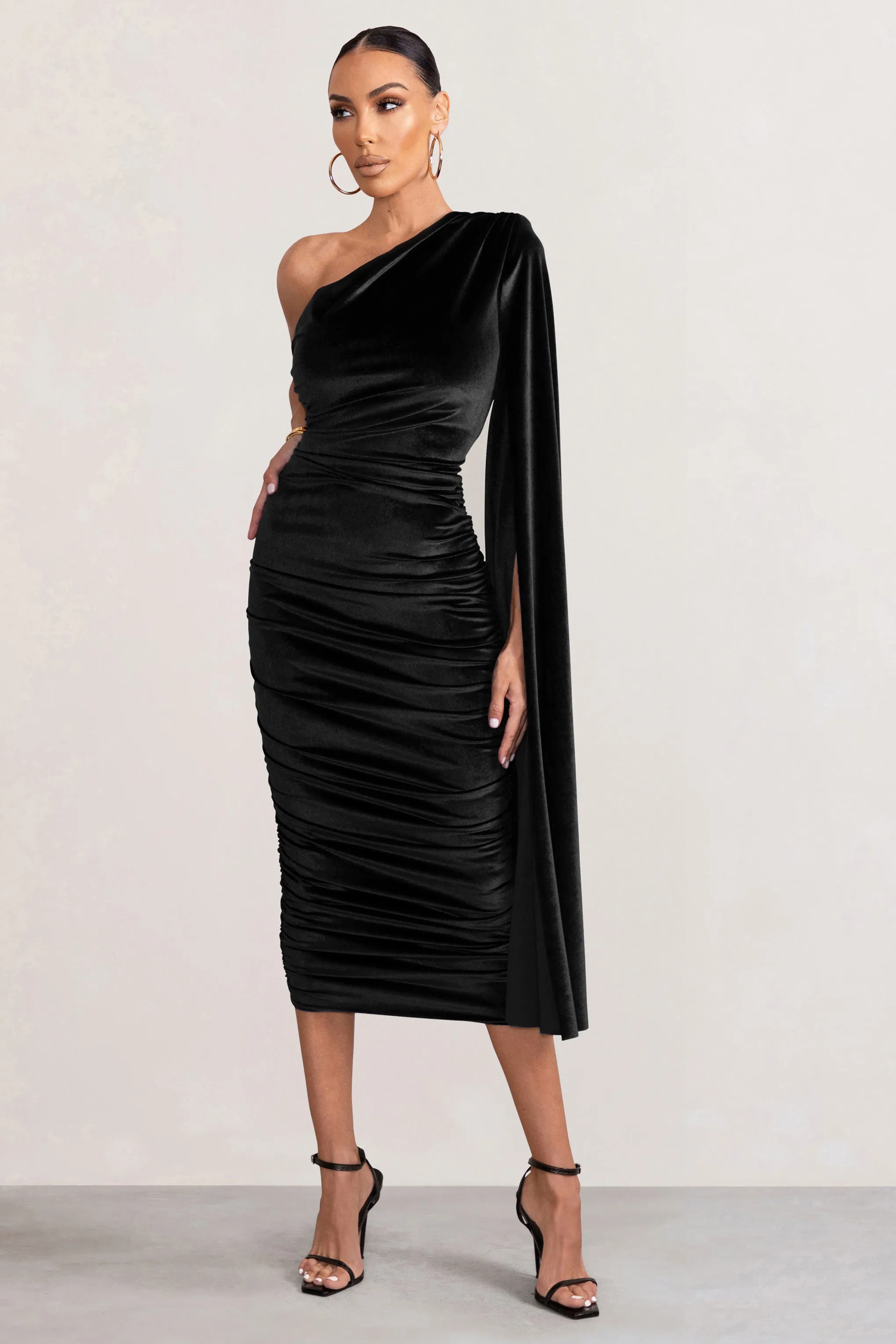 Gianna | Black Velvet One Shoulder Cape Bodycon Midi Dress sold by Club L London product image thumbnail 4