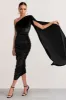 Gianna | Black Velvet One Shoulder Cape Bodycon Midi Dress sold by Club L London