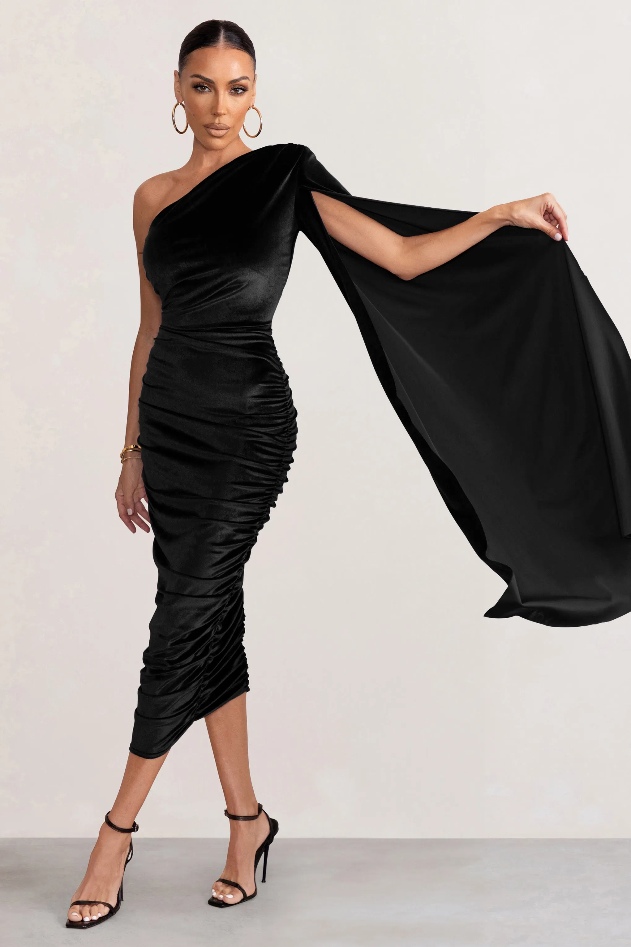 Gianna | Black Velvet One Shoulder Cape Bodycon Midi Dress sold by Club L London product image thumbnail 3