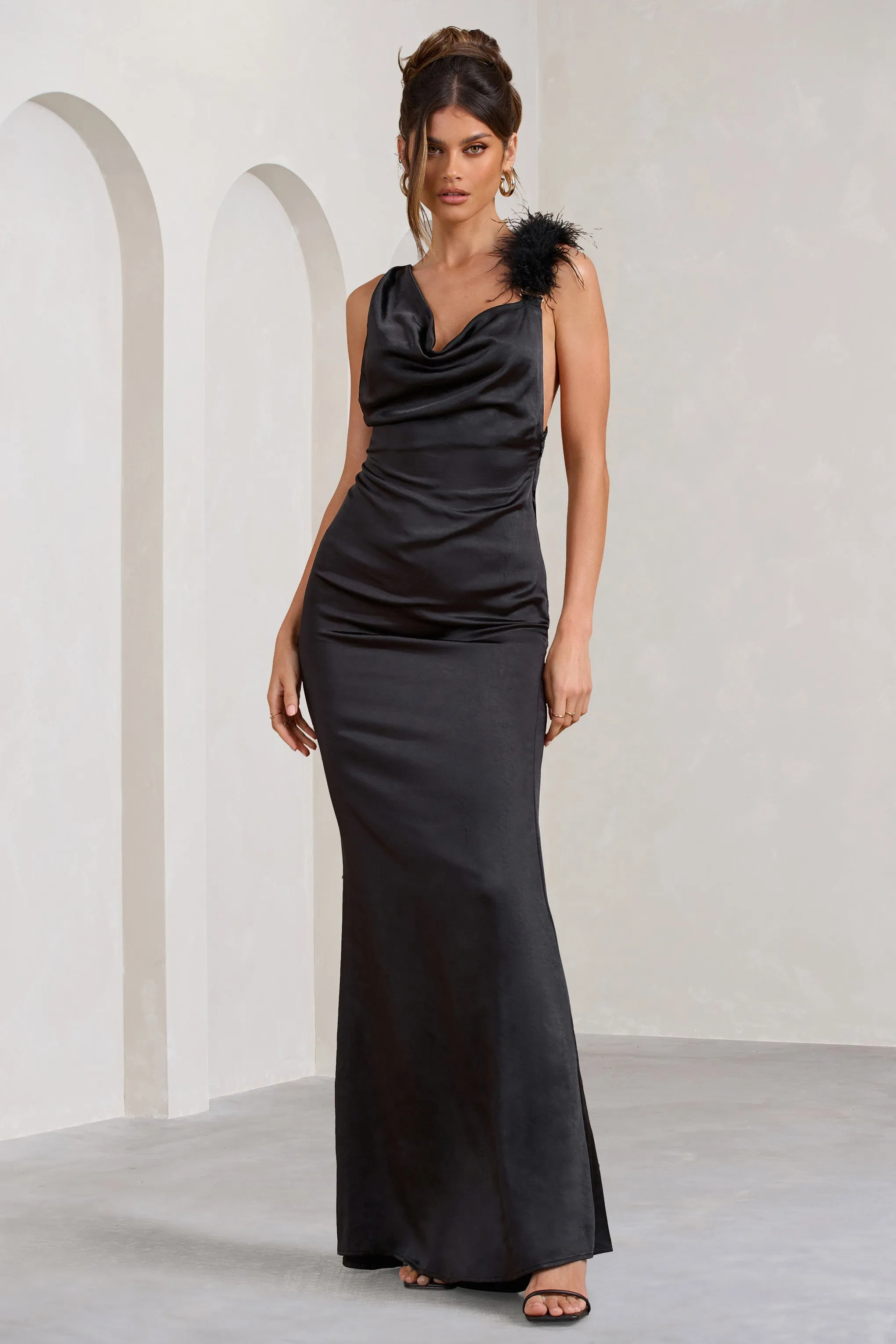 Cherish Me | Black Satin Asymmetric Cowl Maxi Dress With Feather Strap sold by Club L London product image thumbnail 5