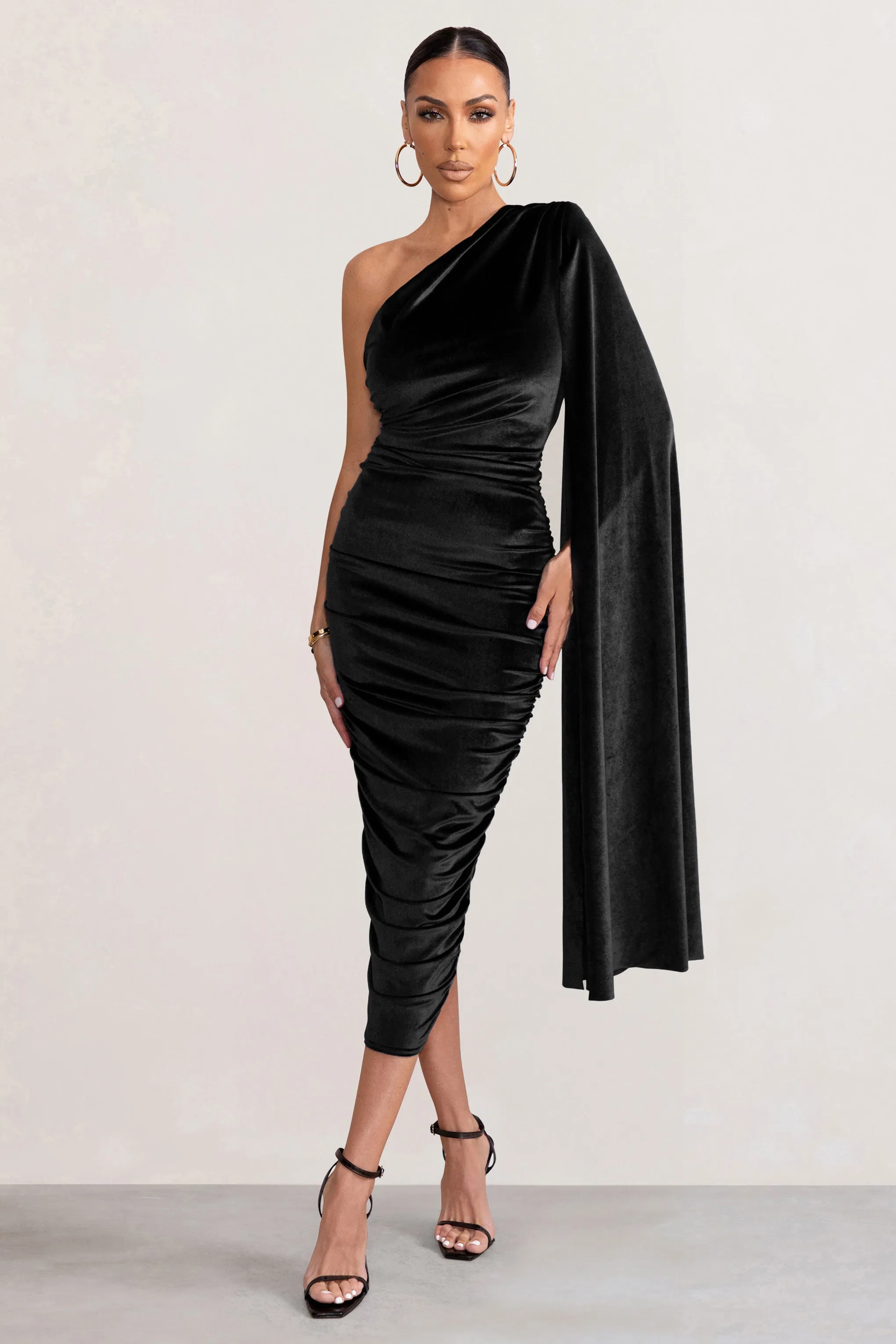 Gianna | Black Velvet One Shoulder Cape Bodycon Midi Dress sold by Club L London