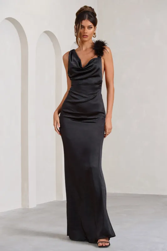 Cherish Me | Black Satin Asymmetric Cowl Maxi Dress With Feather Strap sold by Club L London