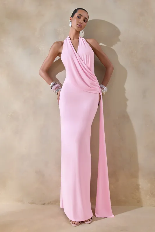 Rosina | Pink Halter-Neck Draped Maxi Dress With Sash sold by Club L London