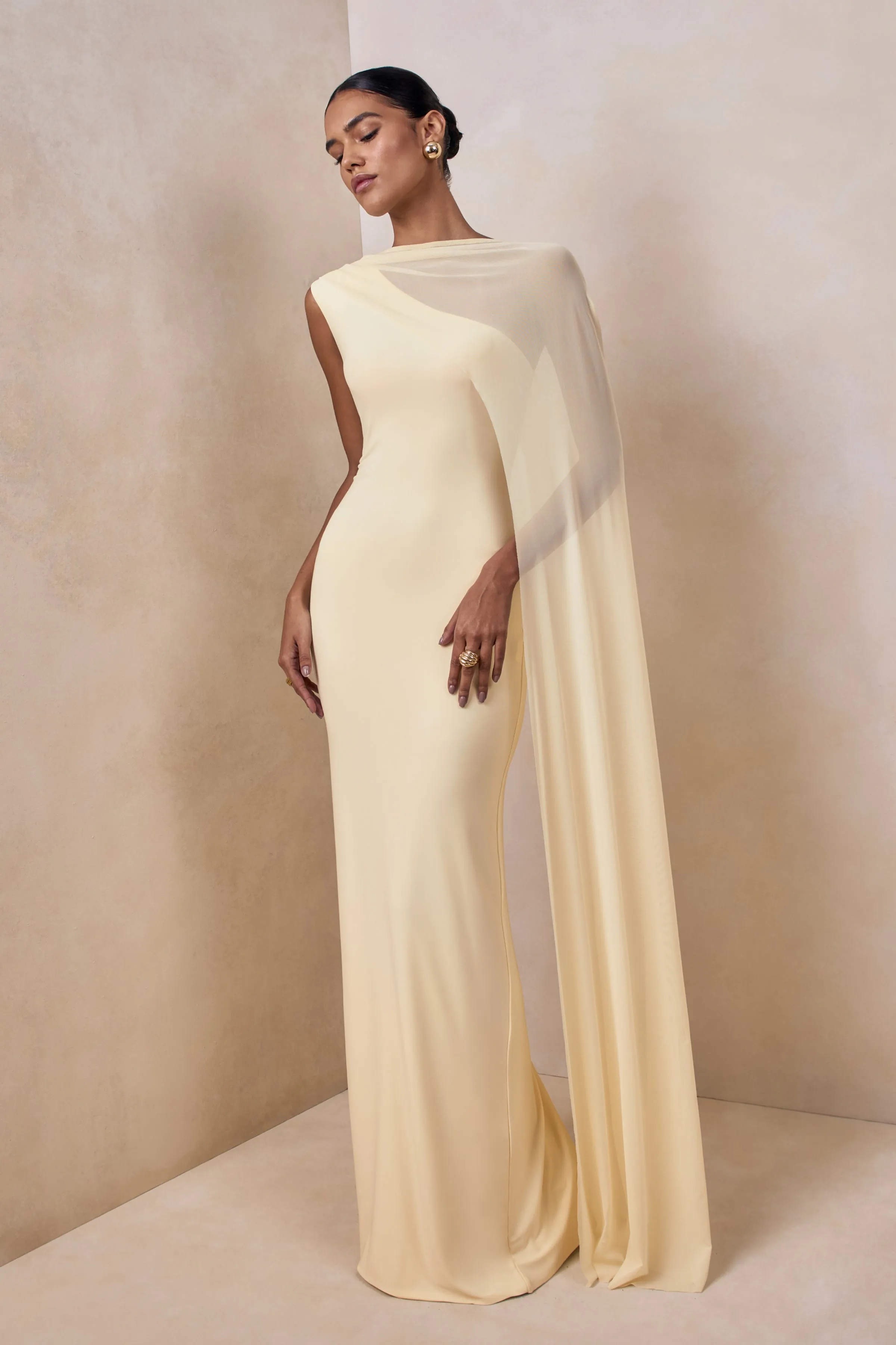 Mirelle | Lemon High-Neck Maxi Dress With Cape-Sleeve sold by Club L London product image thumbnail 4