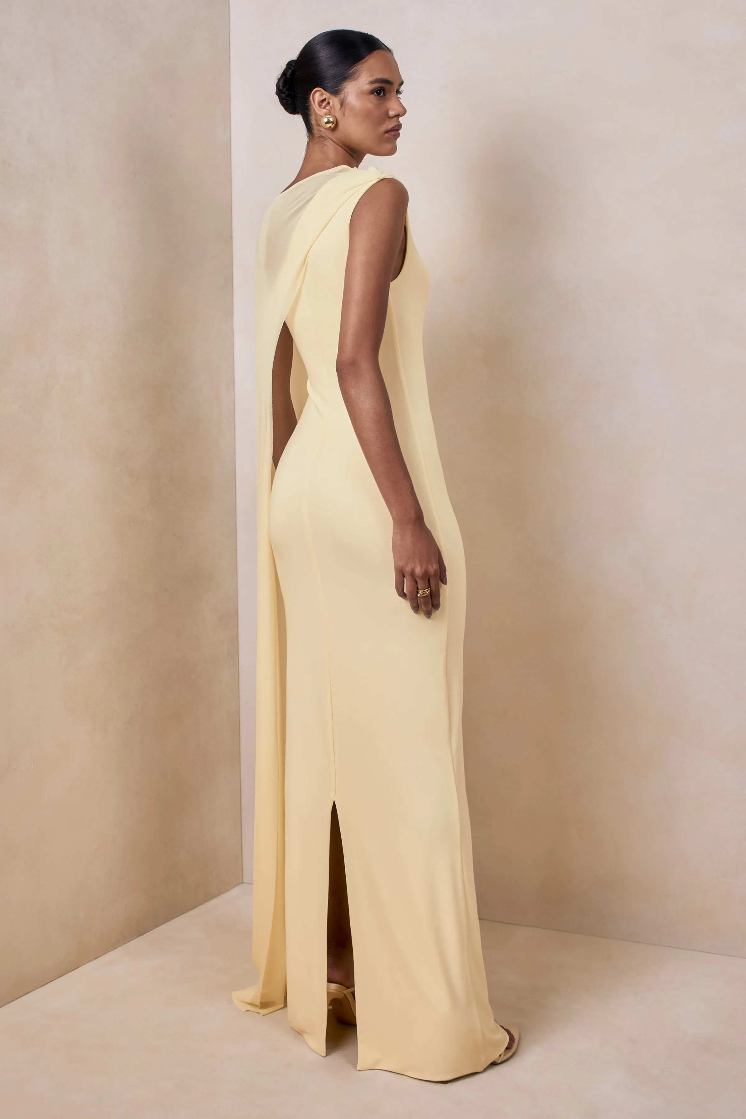 Mirelle | Lemon High-Neck Maxi Dress With Cape-Sleeve sold by Club L London product image thumbnail 2