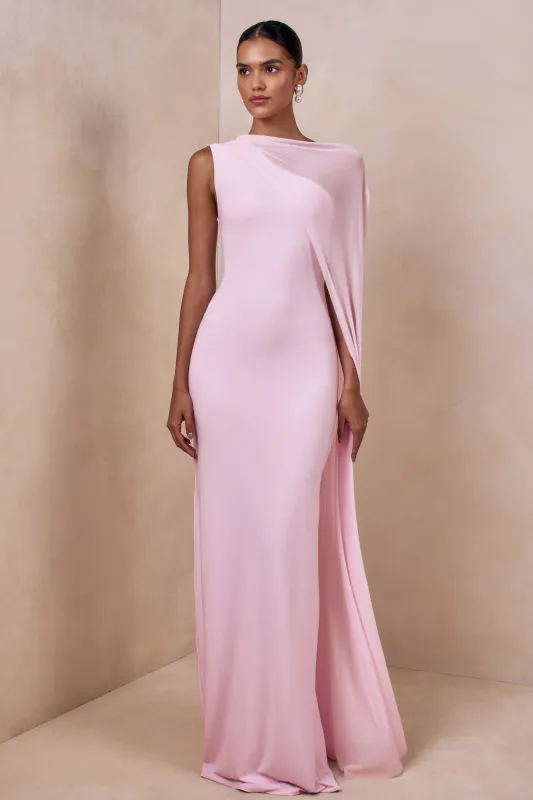 Mirelle | Light Pink High-Neck Maxi Dress With Cape-Sleeve sold by Club L London