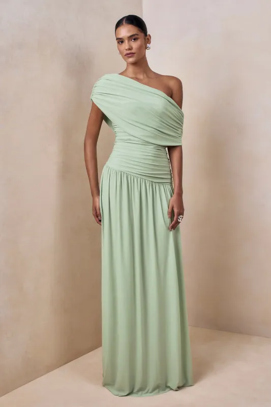 Emberly | Green Draped Asymmetric-Neck Maxi Dress With Drop-Waist sold by Club L London