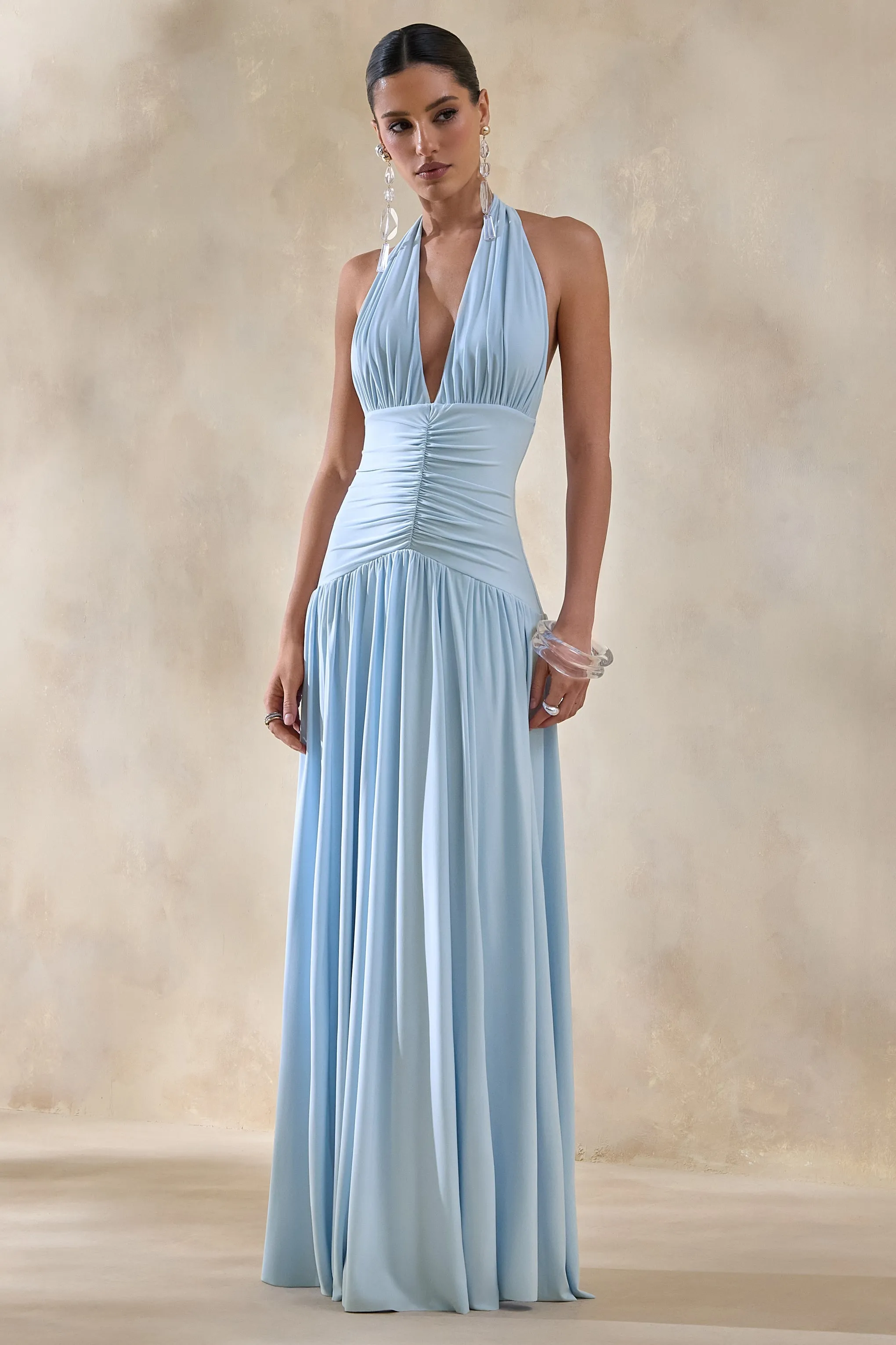 Bettina | Powder-Blue Plunge-Neck Maxi Dress With Gathered-Detailing sold by Club L London product image thumbnail 3