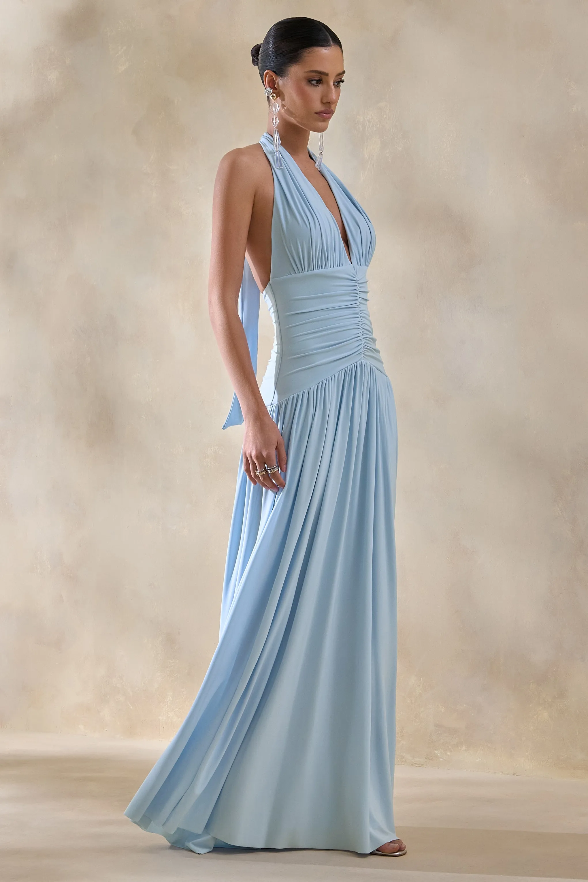 Bettina | Powder-Blue Plunge-Neck Maxi Dress With Gathered-Detailing sold by Club L London product image thumbnail 4