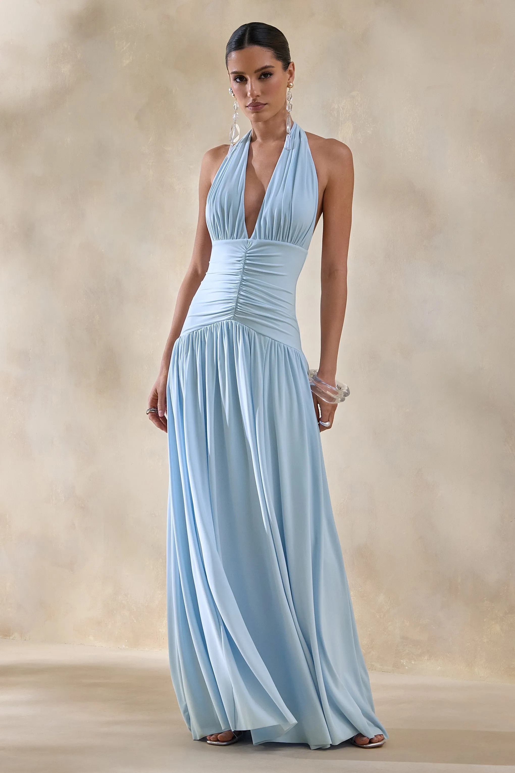 Bettina | Powder-Blue Plunge-Neck Maxi Dress With Gathered-Detailing sold by Club L London