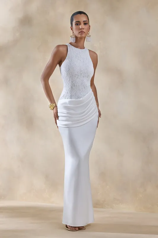 Neria | White Satin And Lace Crew-Neck Maxi Dress With Draped Wrap-Skirt sold by Club L London