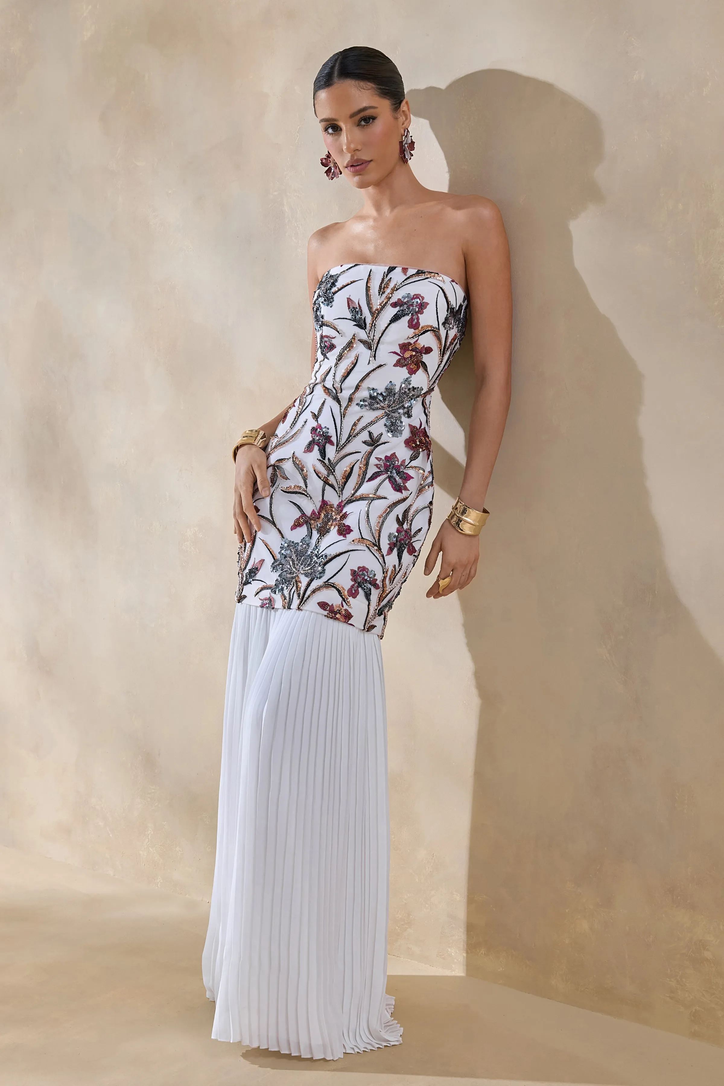 Denise | Cream Sequin Floral Bandeau-Neck Embellished Maxi Dress With Drop-Waist And Mesh Skirt sold by Club L London product image thumbnail 4