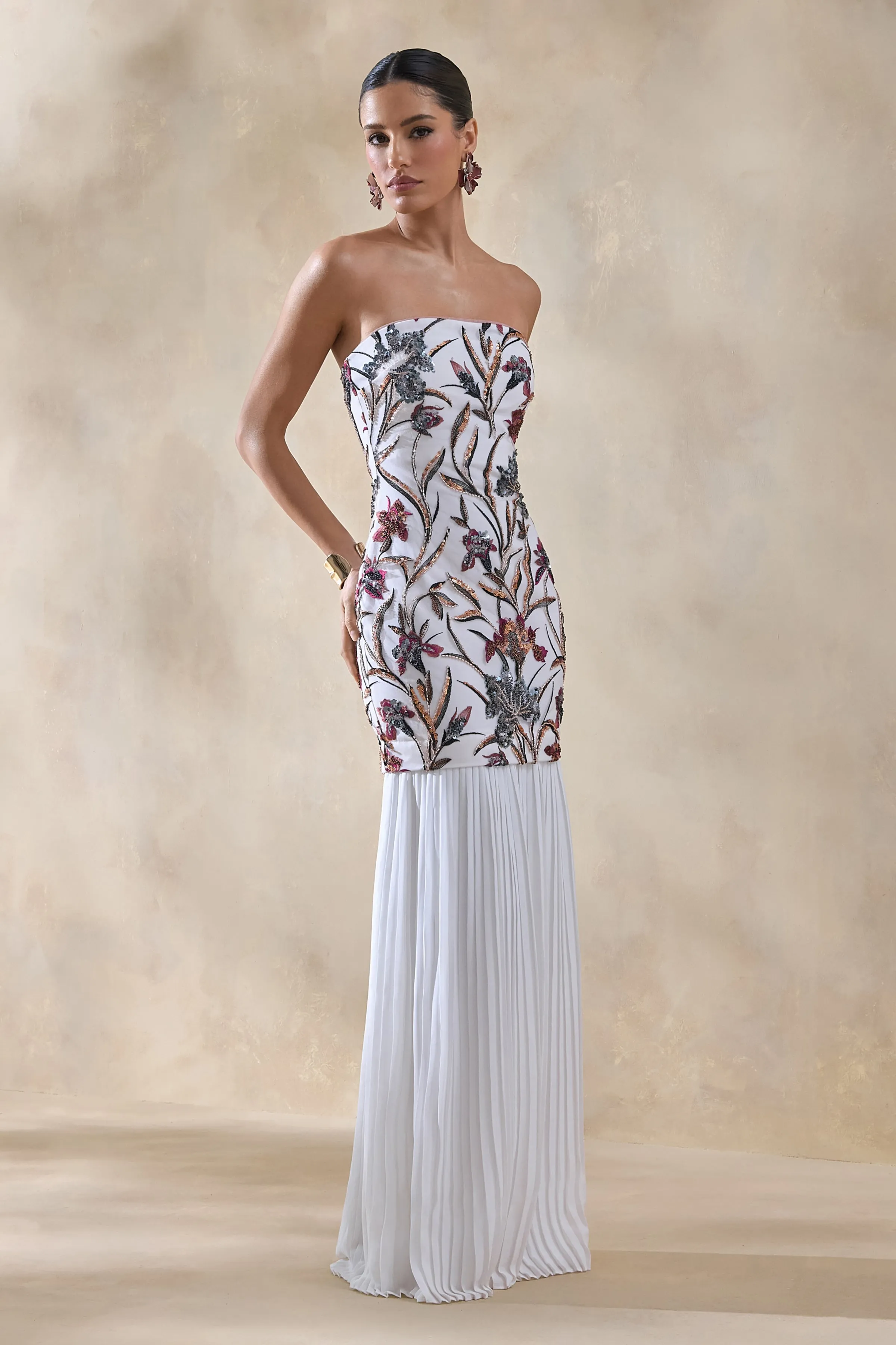 Denise | Cream Sequin Floral Bandeau-Neck Embellished Maxi Dress With Drop-Waist And Mesh Skirt sold by Club L London
