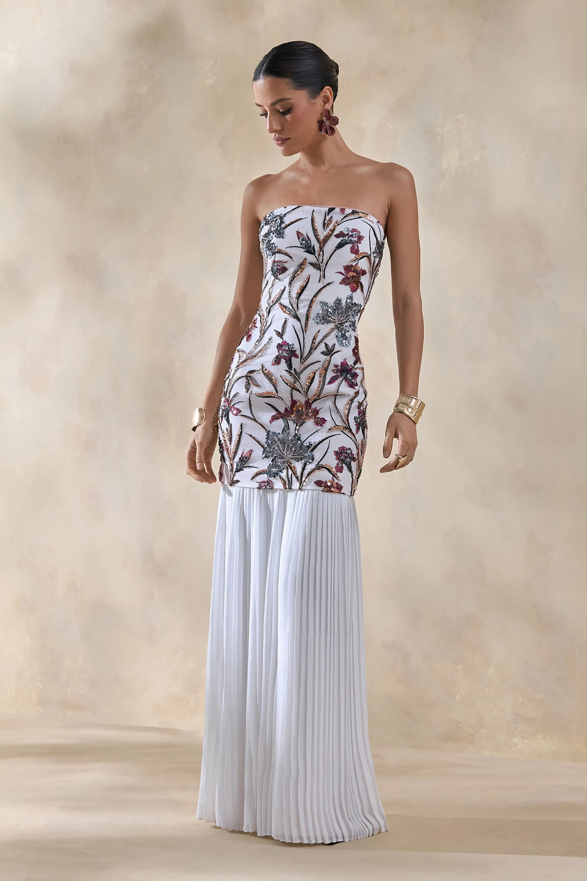 Denise | Cream Sequin Floral Bandeau-Neck Embellished Maxi Dress With Drop-Waist And Mesh Skirt sold by Club L London product image thumbnail 5
