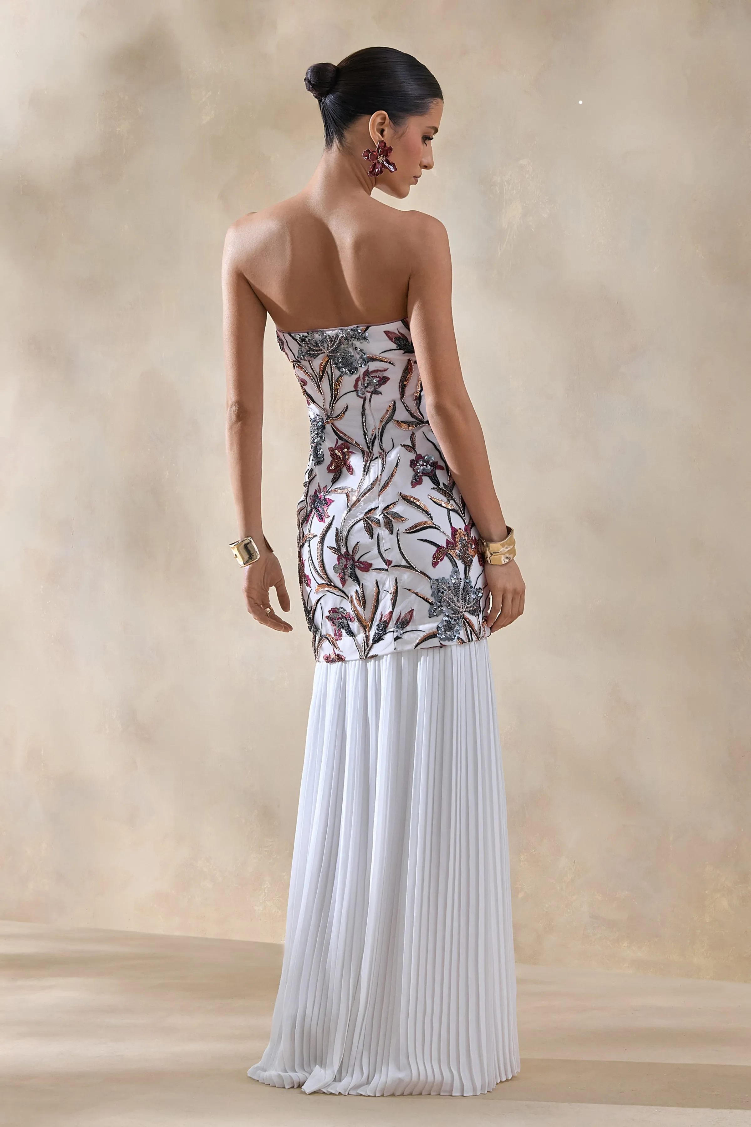 Denise | Cream Sequin Floral Bandeau-Neck Embellished Maxi Dress With Drop-Waist And Mesh Skirt sold by Club L London product image thumbnail 2