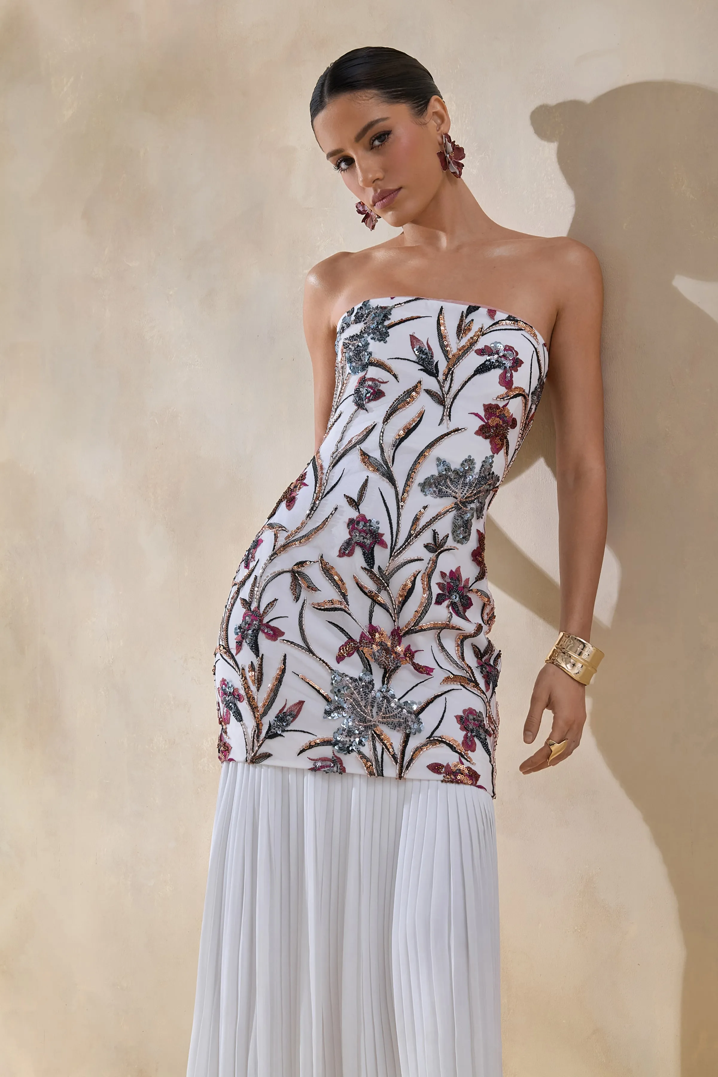 Denise | Cream Sequin Floral Bandeau-Neck Embellished Maxi Dress With Drop-Waist And Mesh Skirt sold by Club L London product image thumbnail 3