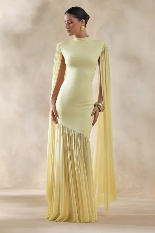 Chantelle | Lemon High-Neck Maxi Dress With Drop-Waist And Cape-Sleeves sold by Club L London
