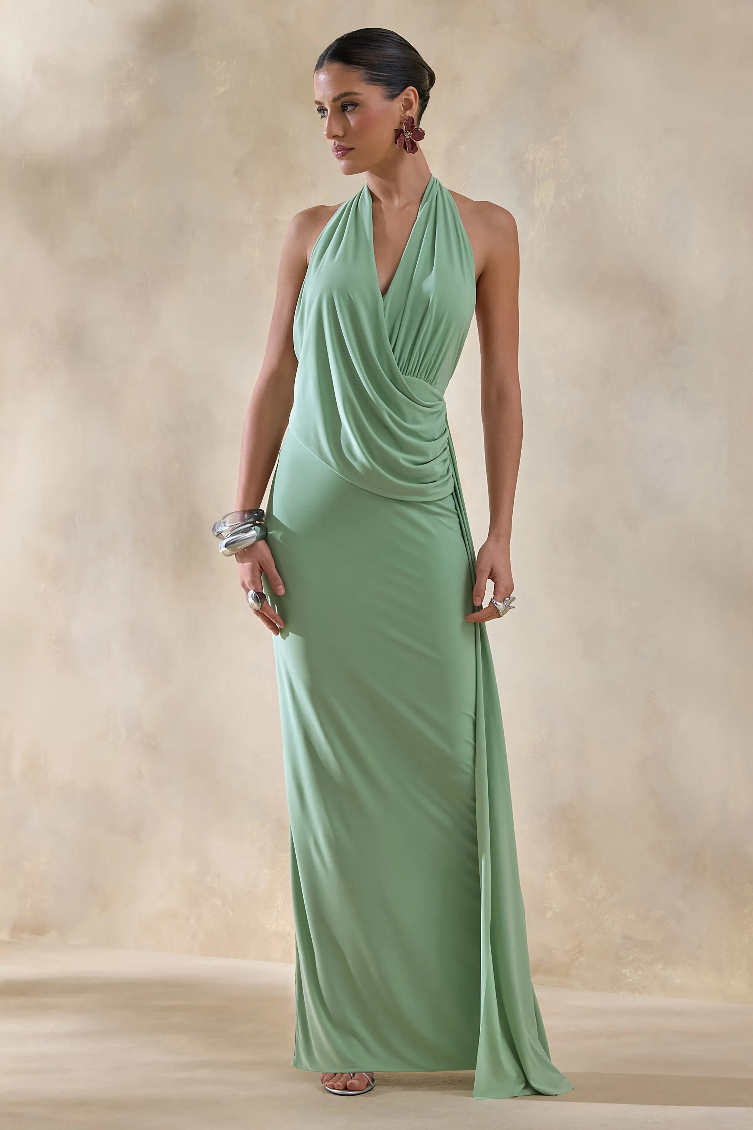 Rosina | Sage Halter-Neck Draped Maxi Dress With Sash sold by Club L London product image thumbnail 4