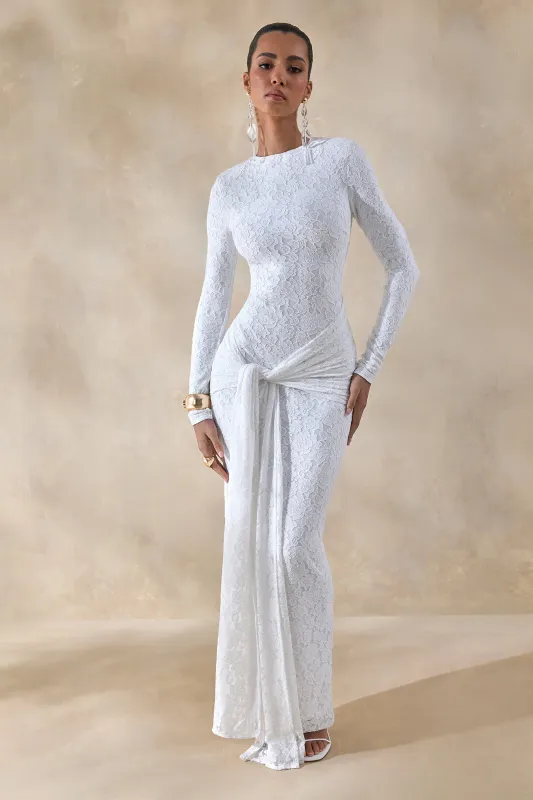 Evangela | White Lace Crew-Neck Maxi Dress With Wrap-Detail made by Club L London