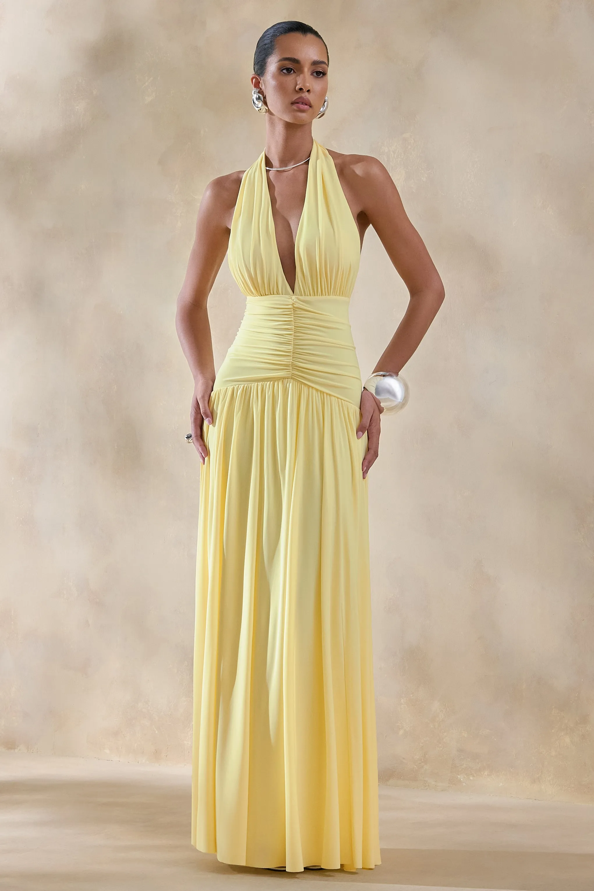 Bettina | Lemon Plunge-Neck Maxi Dress With Gathered-Detailing sold by Club L London