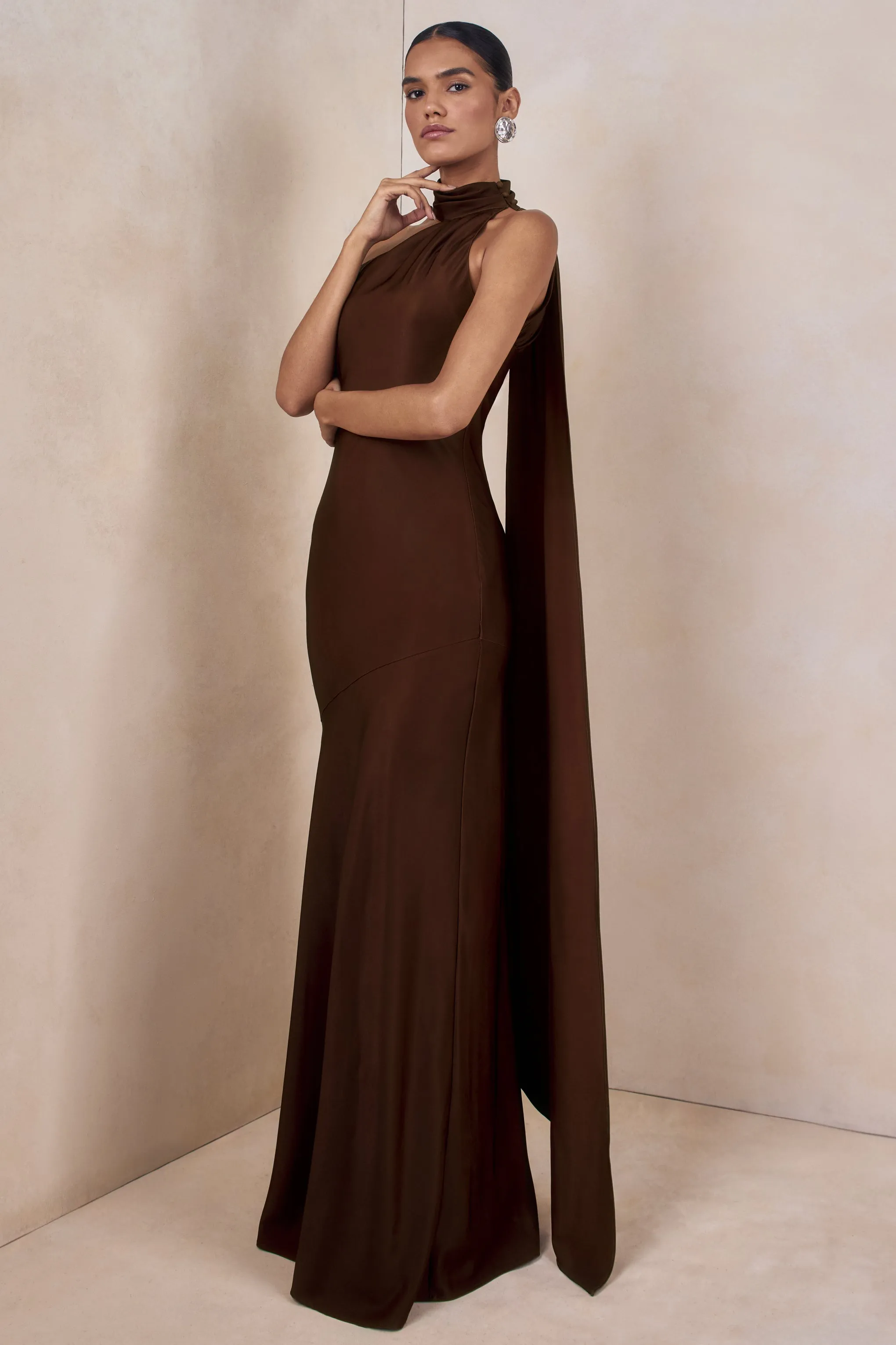 Cara | Brown Satin High-Neck Maxi Dress sold by Club L London product image thumbnail 5