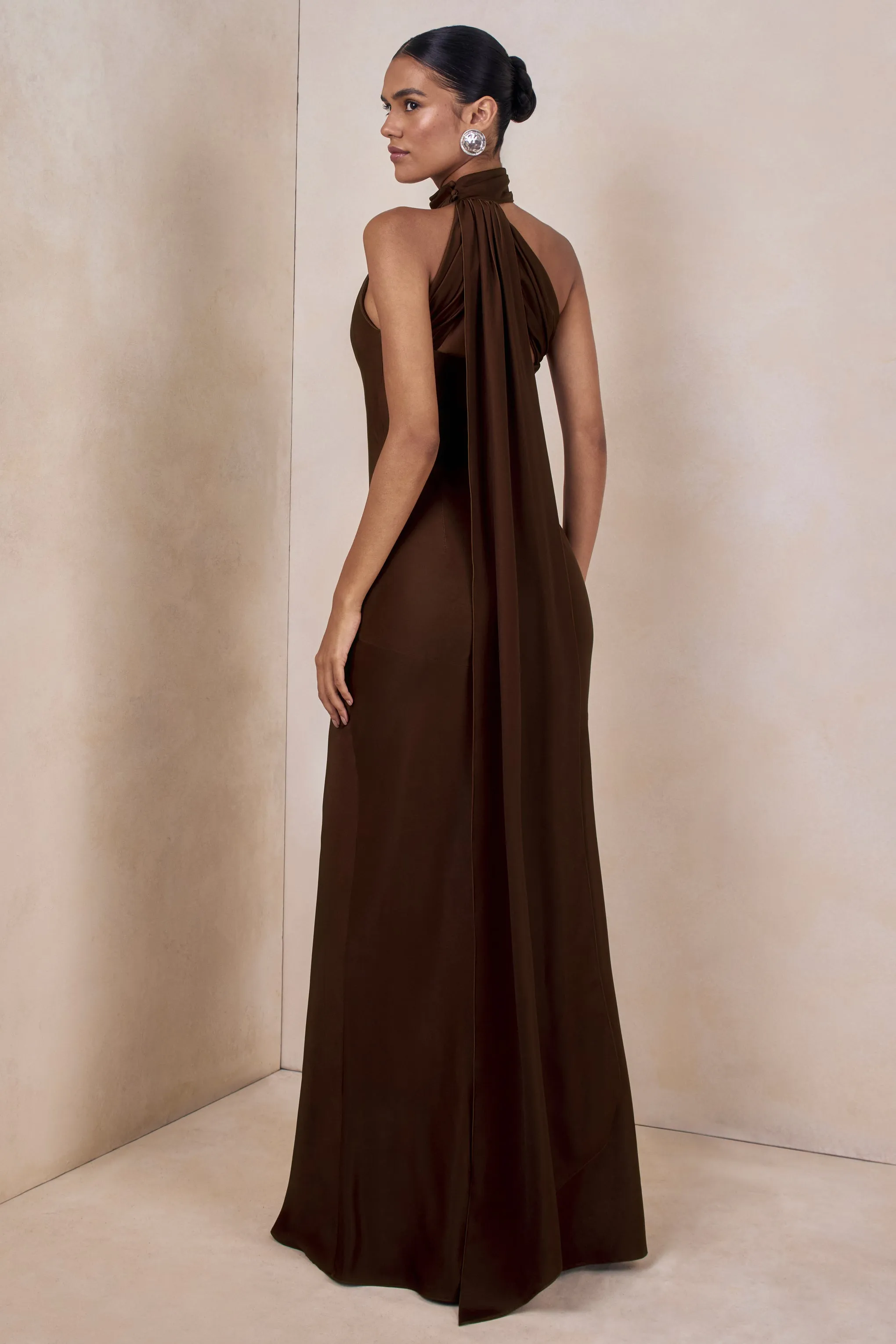 Cara | Brown Satin High-Neck Maxi Dress sold by Club L London product image thumbnail 2