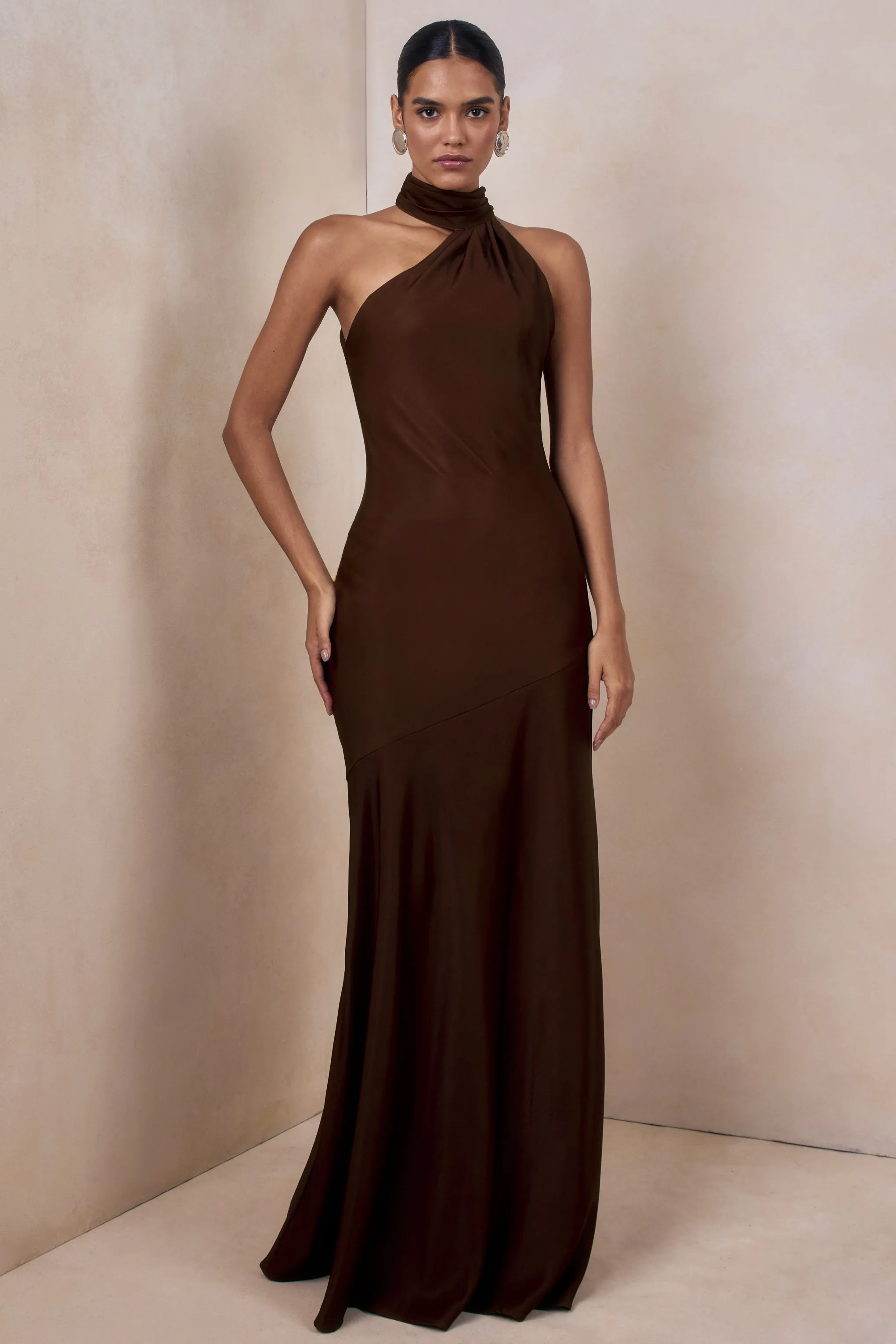 Cara | Brown Satin High-Neck Maxi Dress sold by Club L London