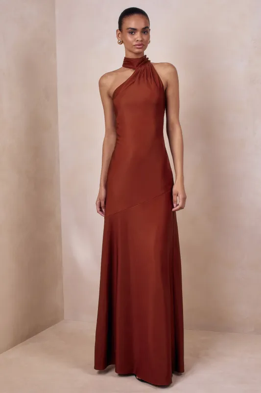 Cara | Rust Satin High-Neck Maxi Dress sold by Club L London