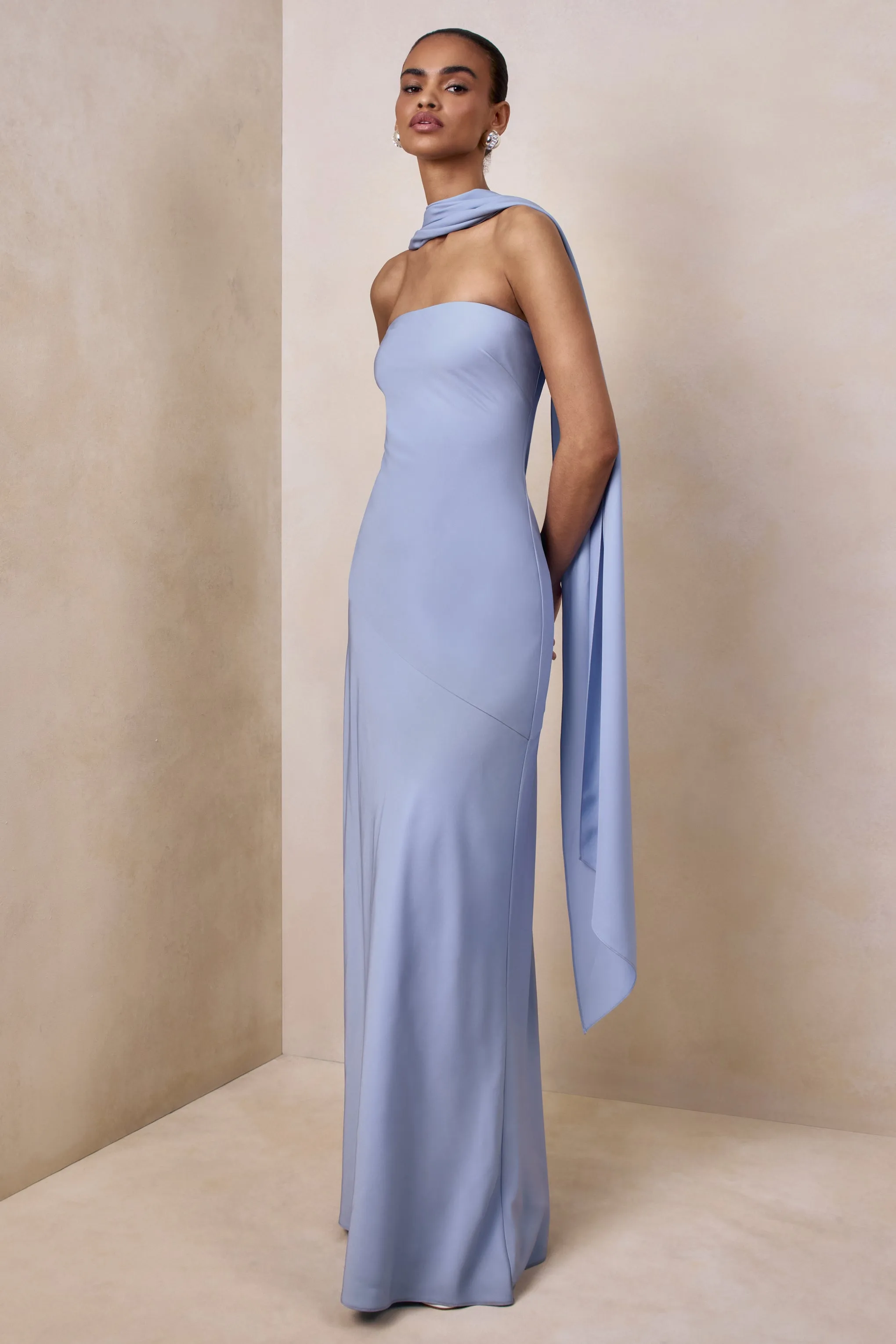 Charly | Powder Blue Satin Bandeau Maxi Dress With Scarf-Detail sold by Club L London product image thumbnail 4