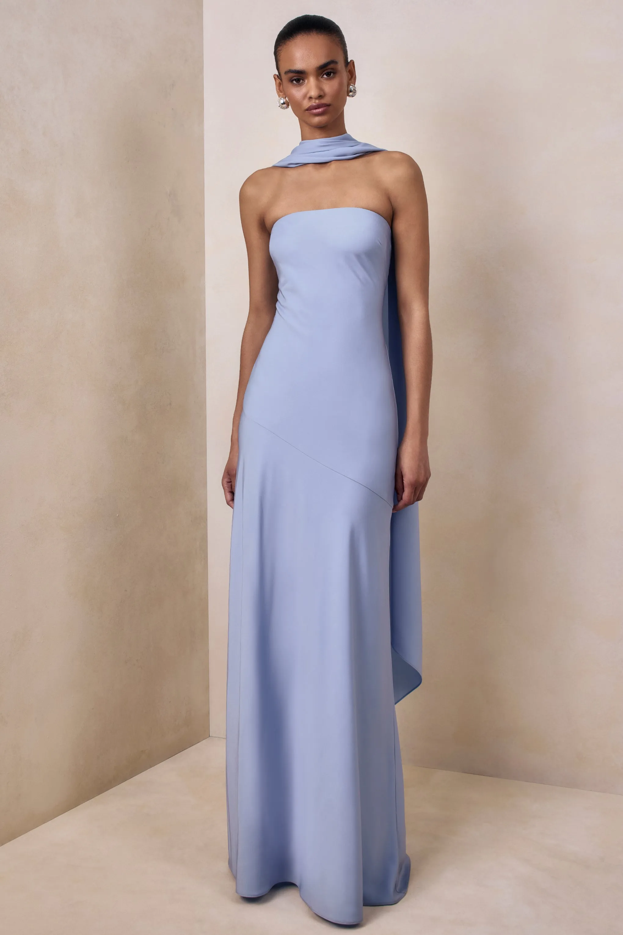 Charly | Powder Blue Satin Bandeau Maxi Dress With Scarf-Detail sold by Club L London product image thumbnail 5