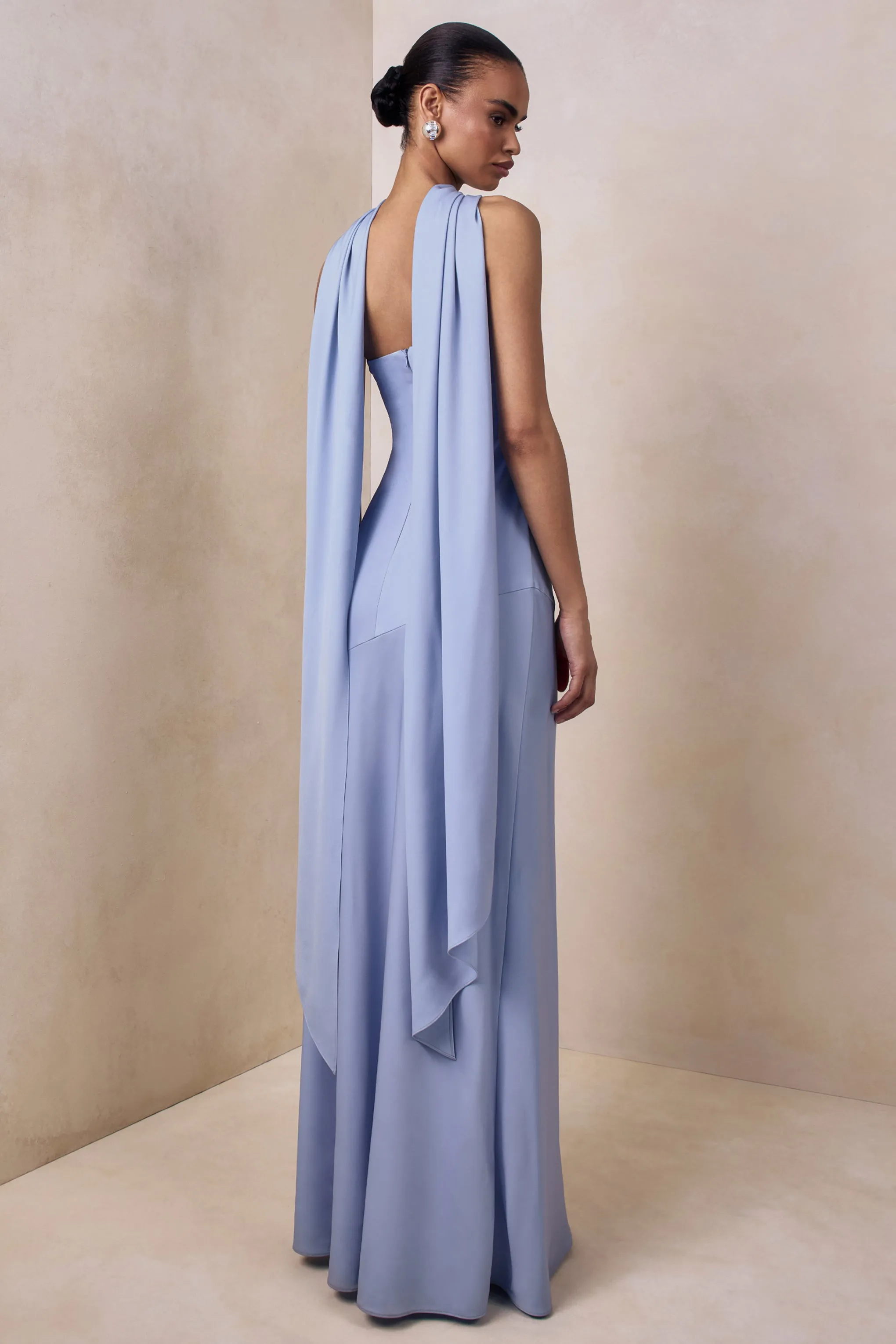 Charly | Powder Blue Satin Bandeau Maxi Dress With Scarf-Detail sold by Club L London product image thumbnail 2