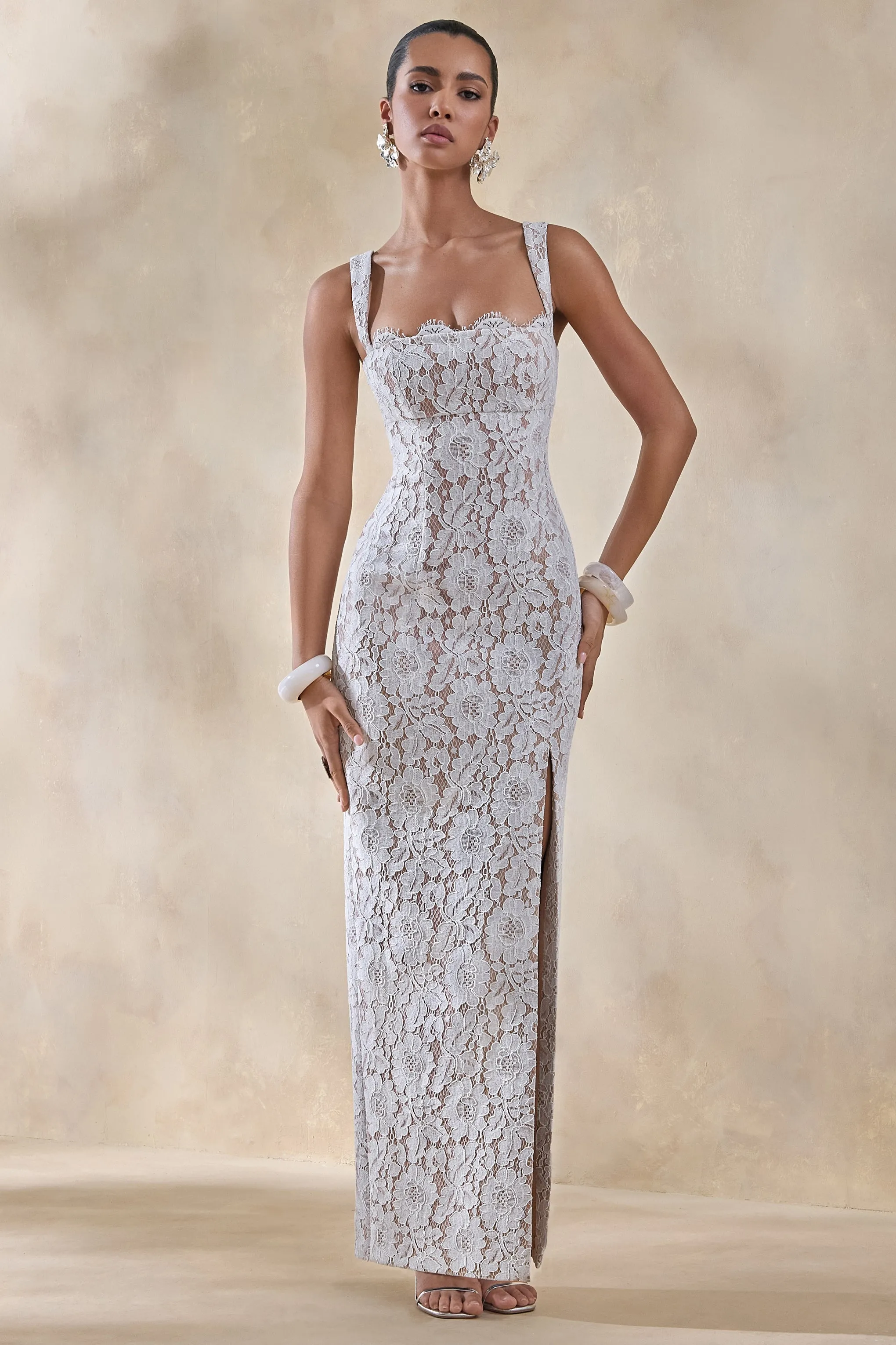 Zarisse | White Lace Square-Neck Maxi Dress sold by Club L London