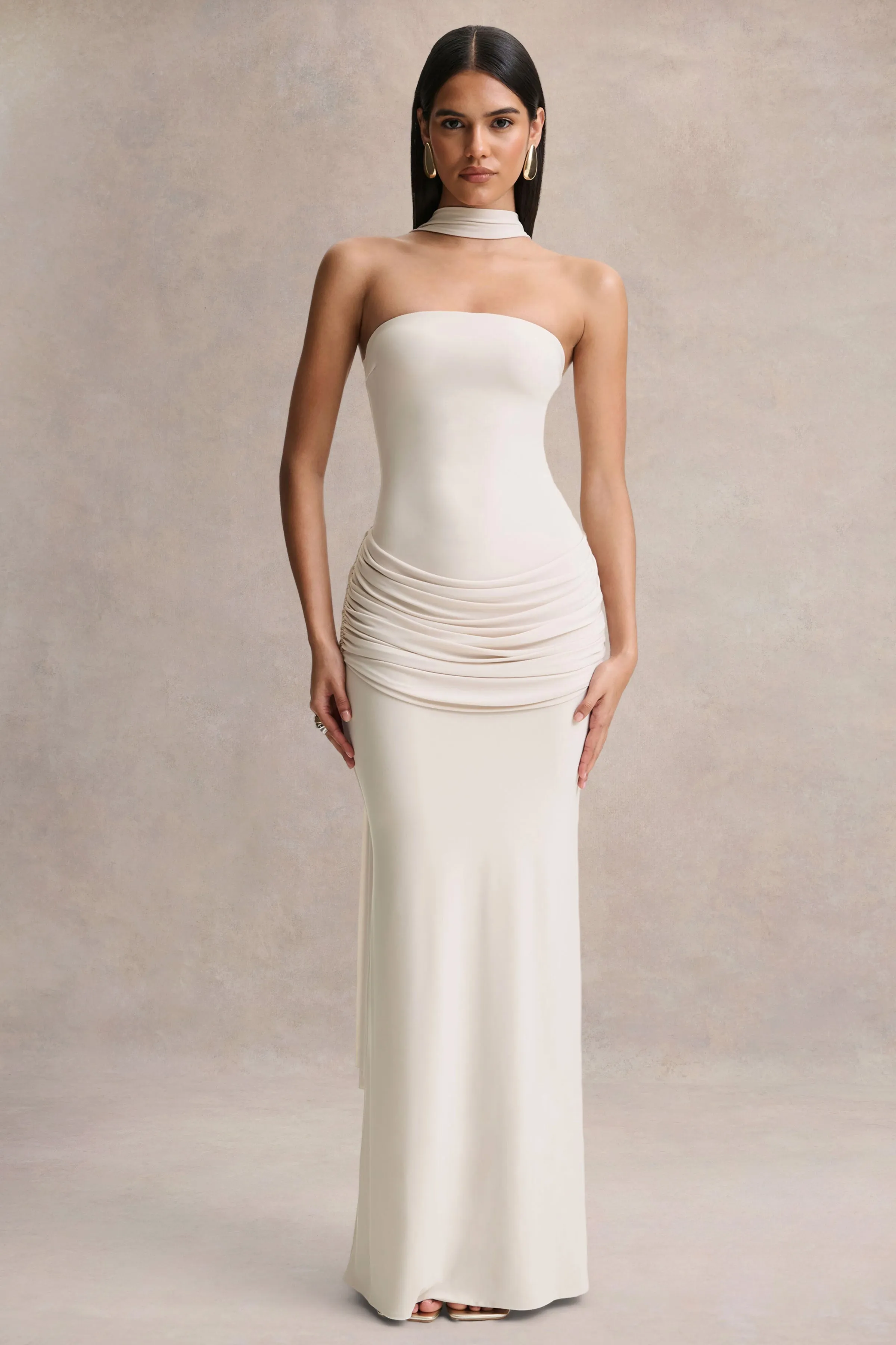 Graciella | Stone Bandeau Maxi Dress With Draped Detailing And Scarf sold by Club L London