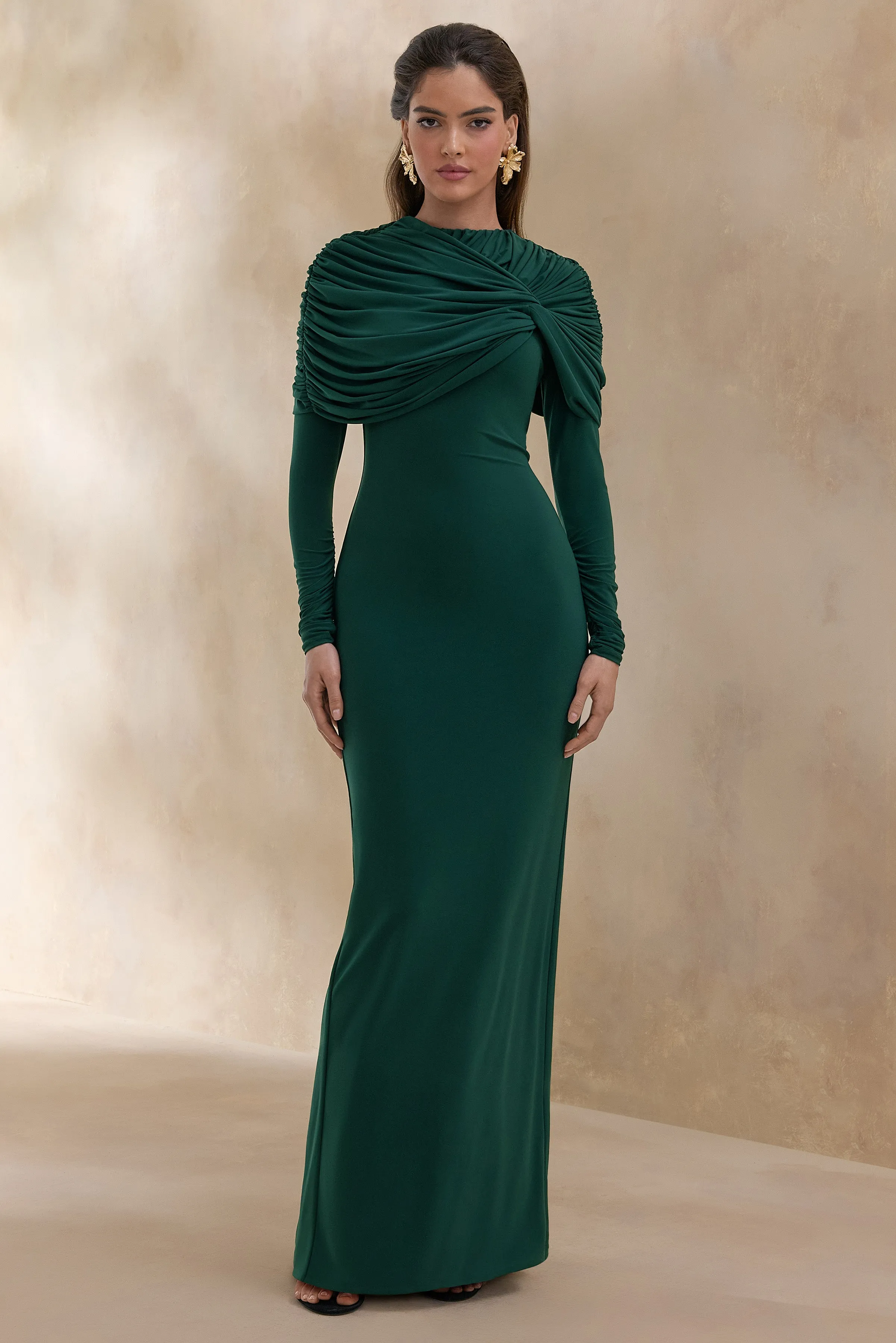 Evessa | Dark Green High-Neck Maxi Dress With Gathered-Detailing sold by Club L London product image thumbnail 4