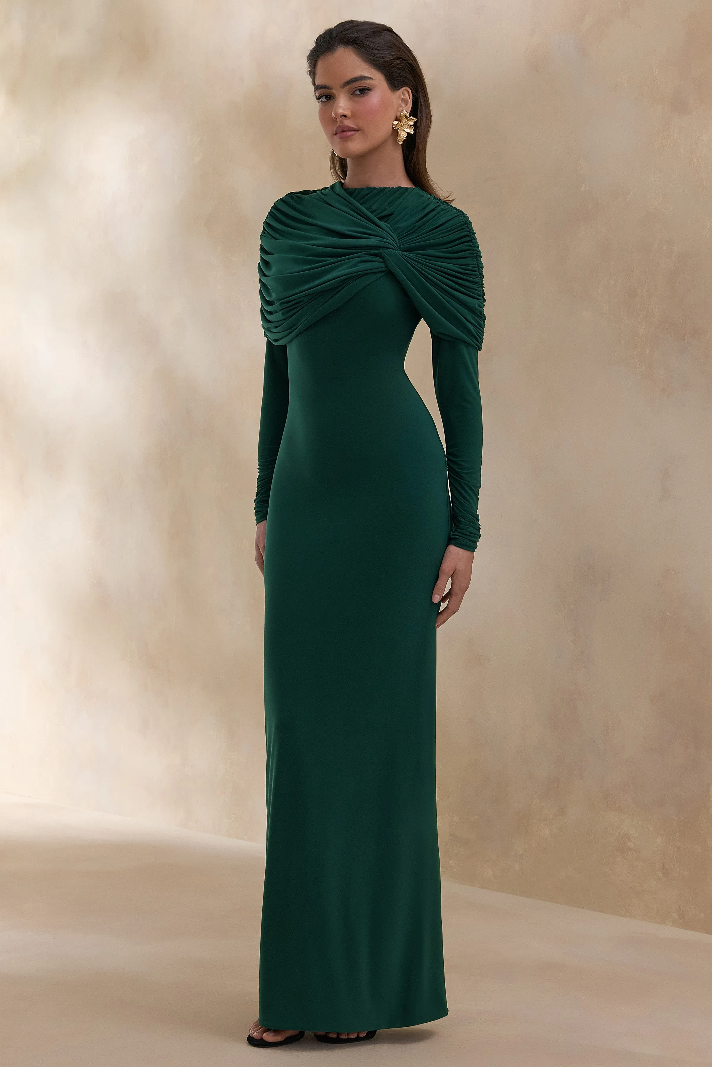 Evessa | Dark Green High-Neck Maxi Dress With Gathered-Detailing sold by Club L London